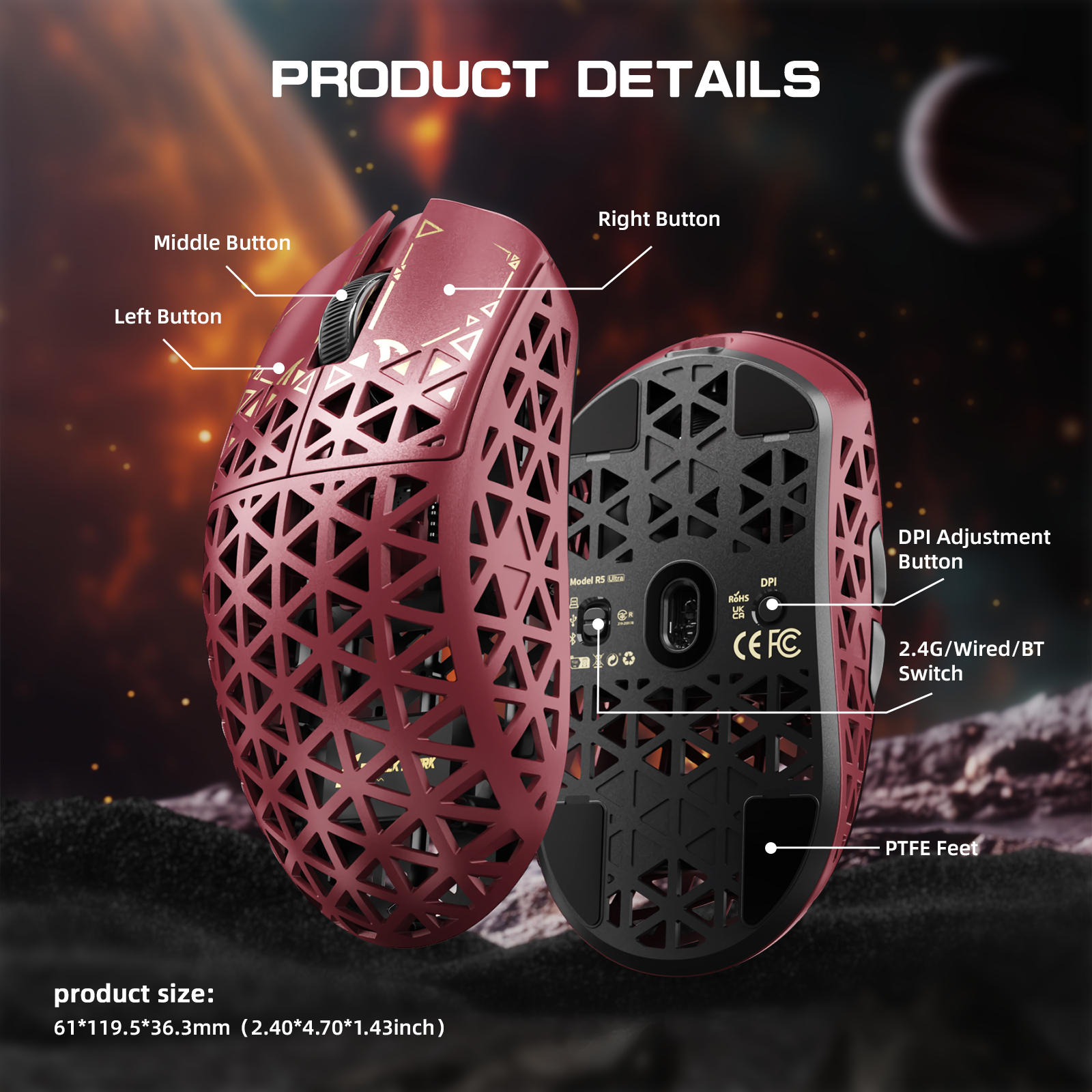 ATTACK SHARK R5 ULTRA Mouse da Gaming Wireless in Fibra di Carbonio 8K PAW3950MAX