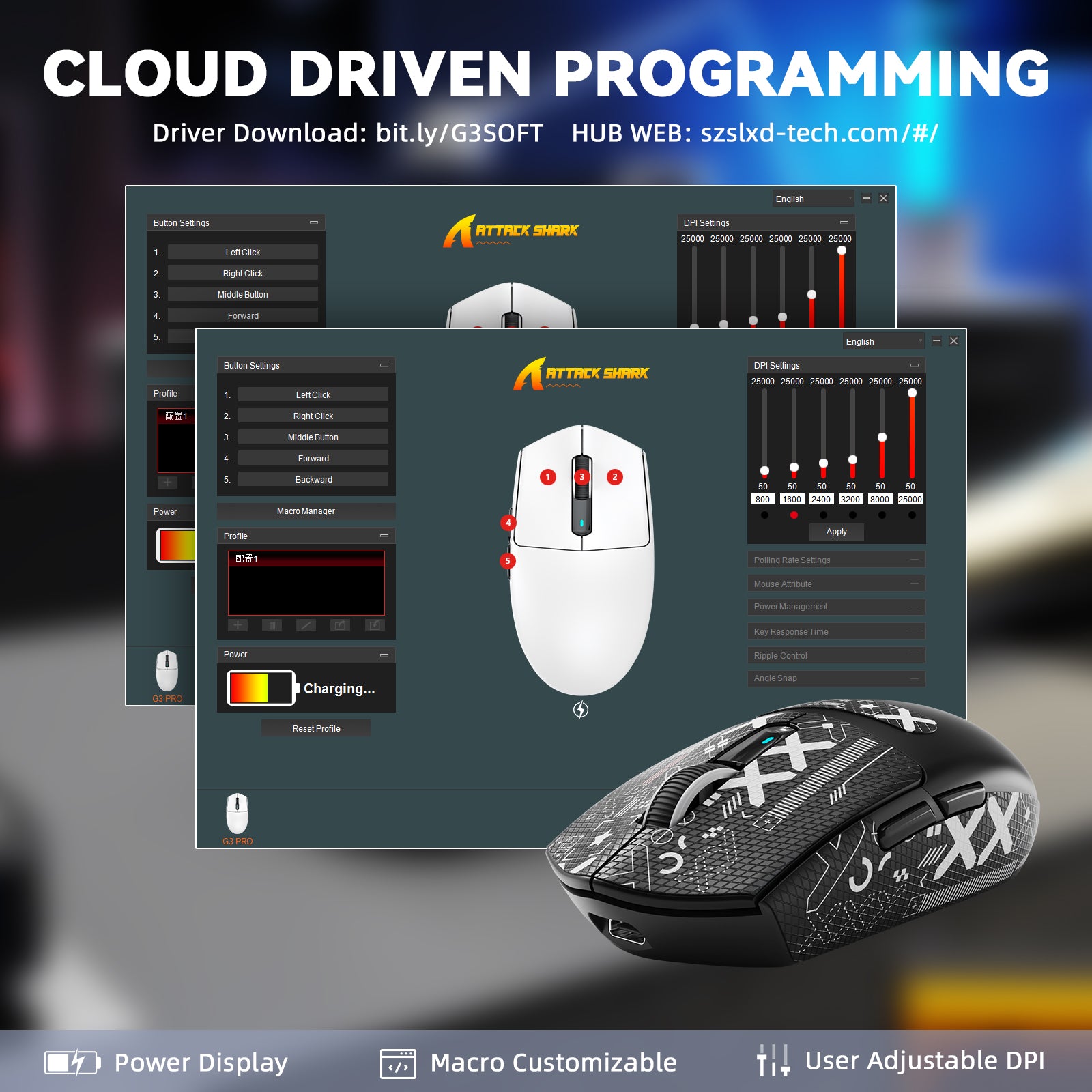 Mouse da gioco wireless tri-mode ATTACK SHARK G3PRO con dock di ricarica, 25000 DPI, ultraleggero
