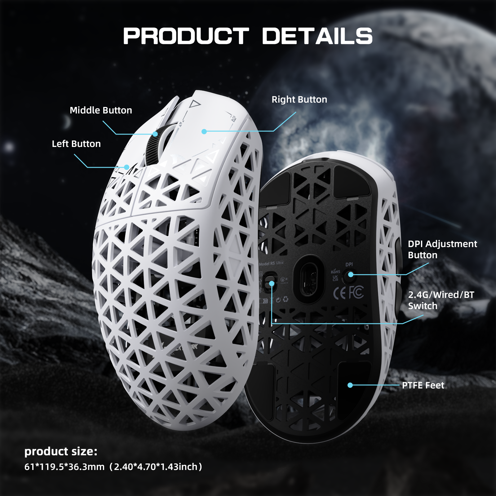 ATTACK SHARK R5 ULTRA Mouse da Gaming Wireless in Fibra di Carbonio 8K PAW3950MAX