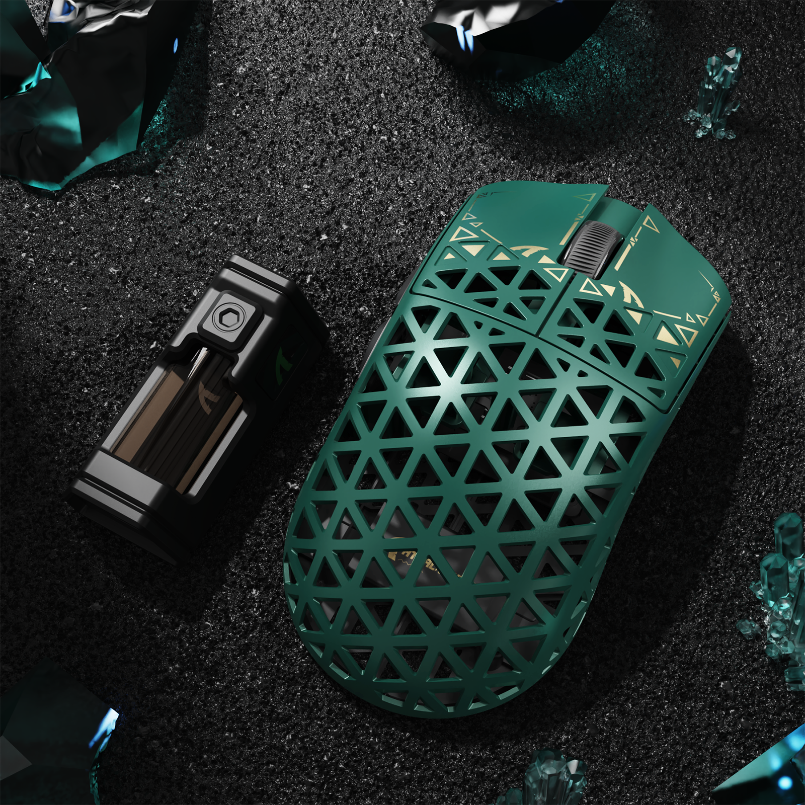 ATTACK SHARK R5 Ultra lightweight green gaming mouse with triangular cutouts and gold accents, next to its charging dock.