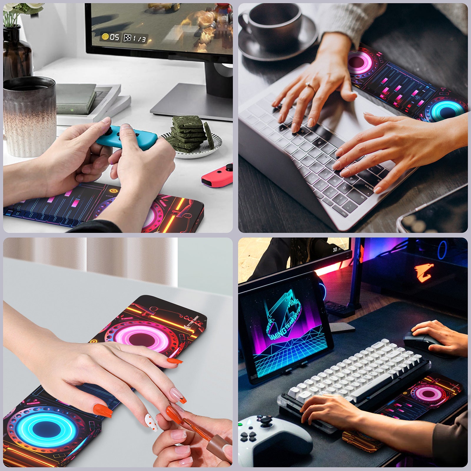 ATTACK SHARK acrylic wrist rest with neon DJ deck design on a desk with keyboards and controllers