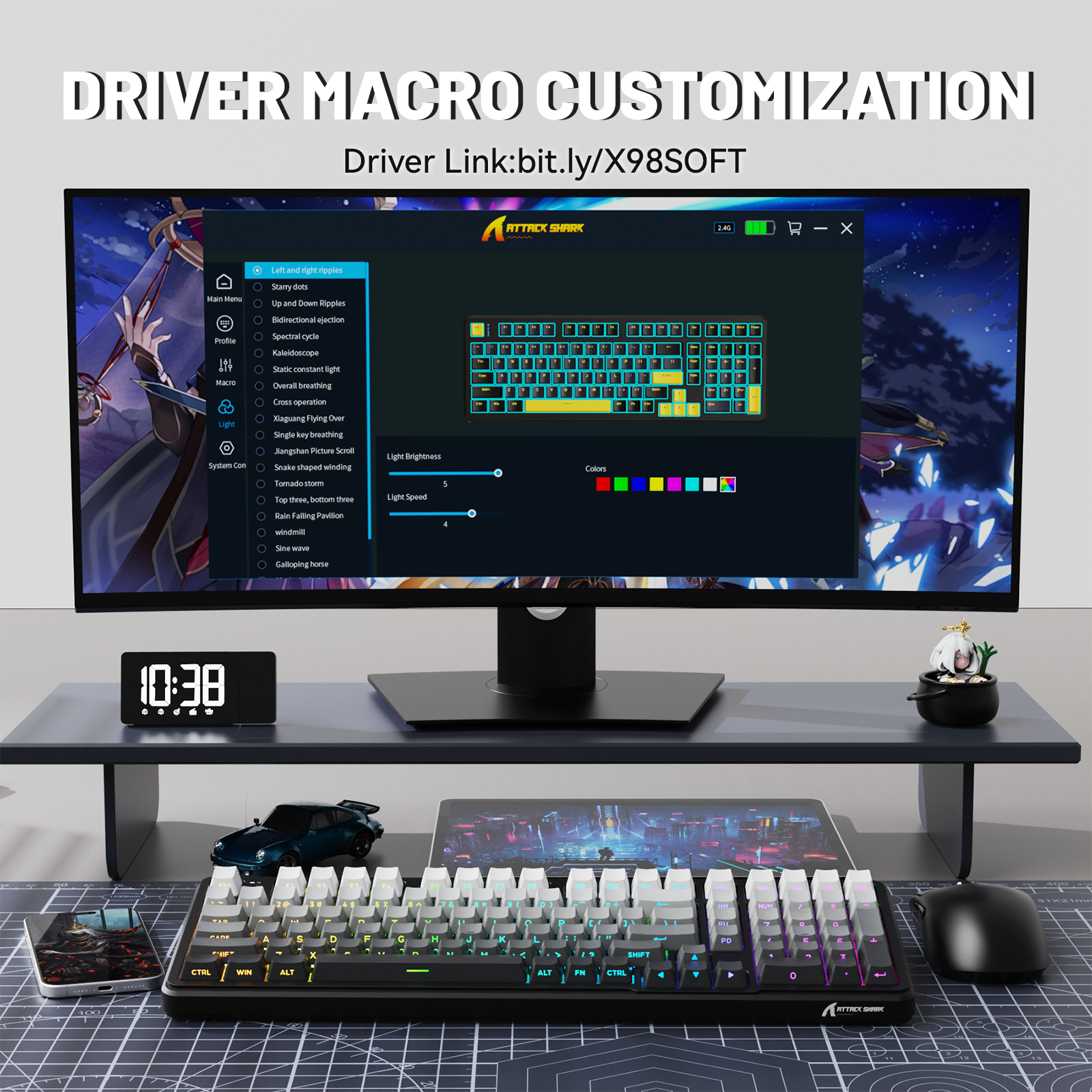 ATTACK SHARK X98 wireless mechanical keyboard with RGB lighting and driver software customization on screen