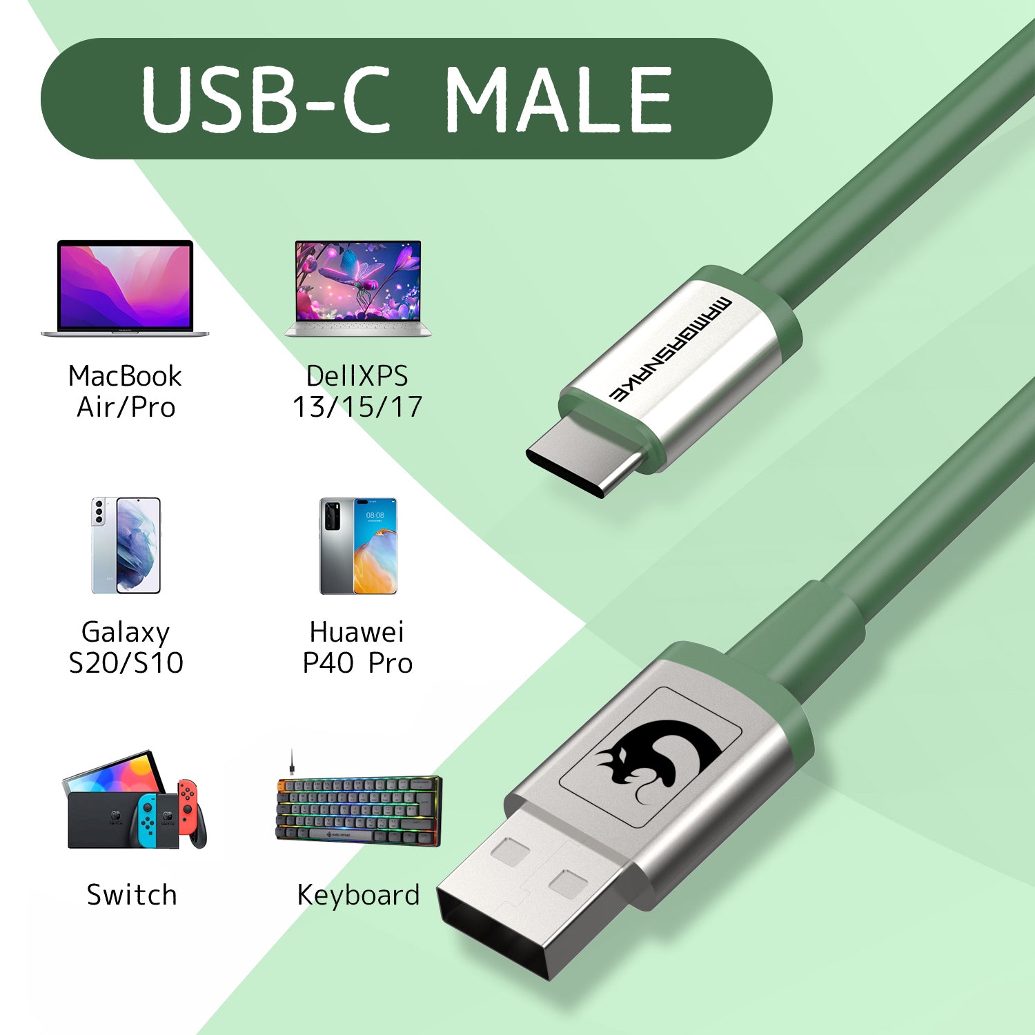 ATTACK SHARK x MAMBASNAKE green USB-C coiled keyboard cable with aviator connector.