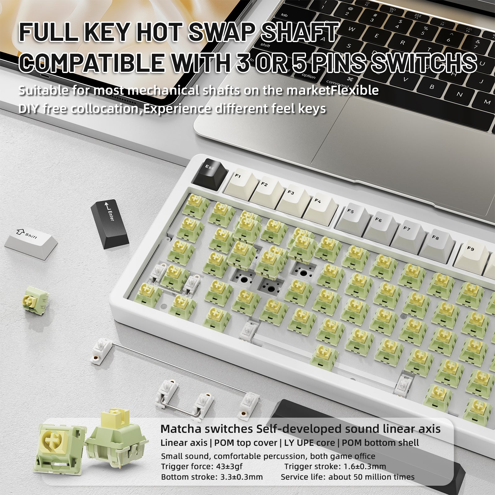 ATTACK SHARK X86 keyboard with exposed matcha switches and hot-swappable sockets.
