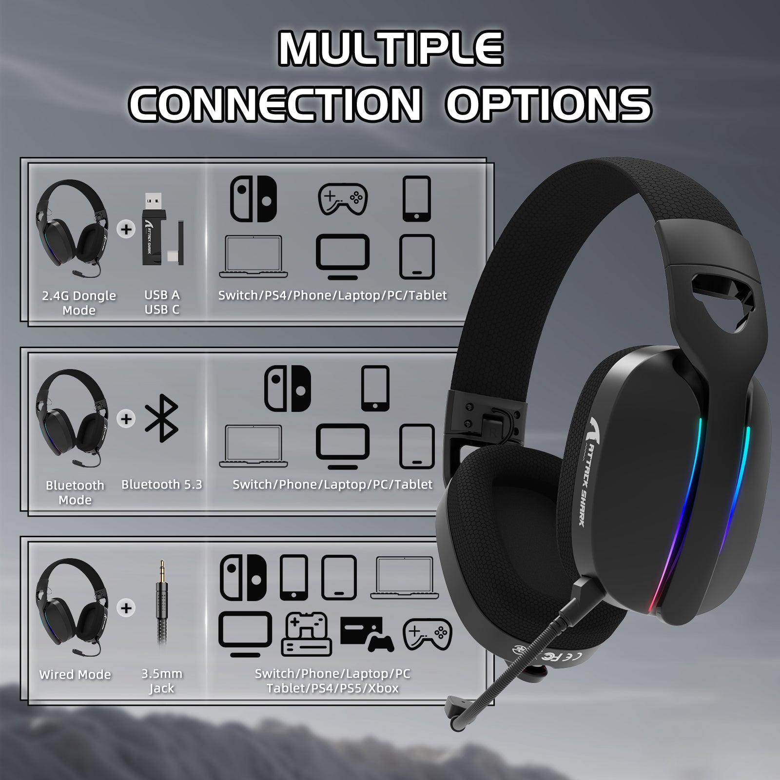 ATTACK SHARK L90 gaming headset shown with multiple connection options: 2.4G dongle, Bluetooth 5.3, and 3.5mm wired.