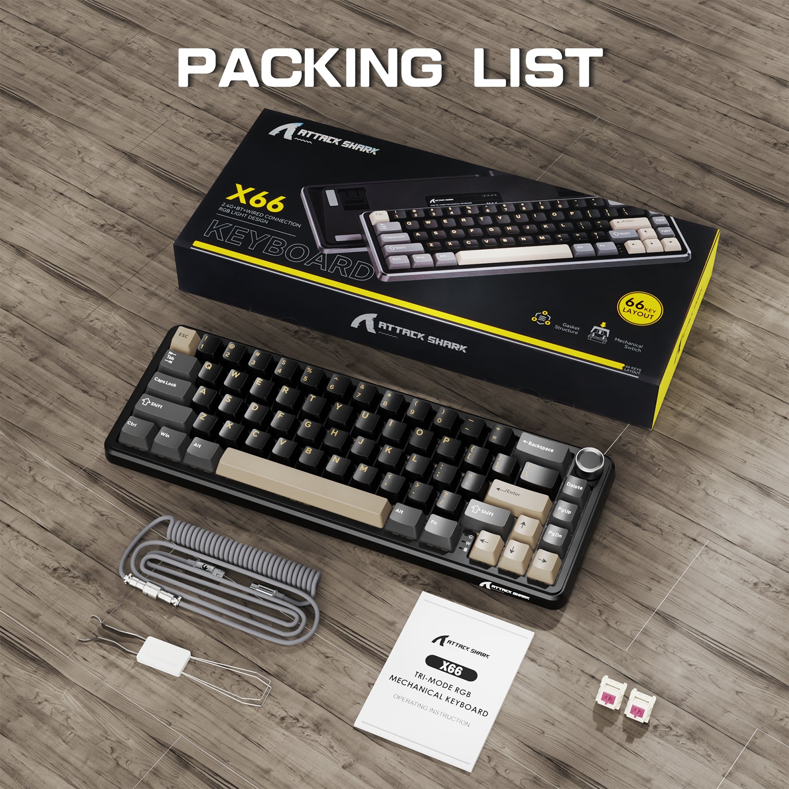 ATTACK SHARK X66 keyboard packing list with accessories