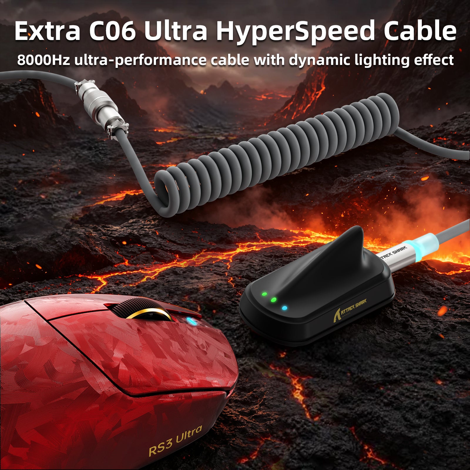 Mouse da gioco wireless ATTACK SHARK RS3 ULTRA in fibra di carbonio PAW3955MAX con cavo LED Ultra C06