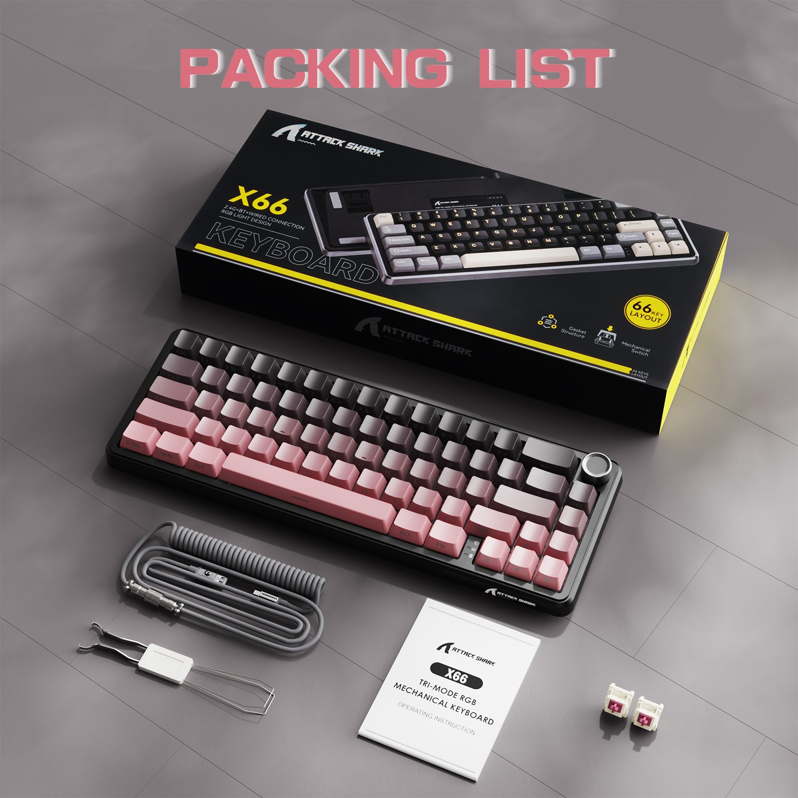 ATTACK SHARK X66 Wireless Mechanical Keyboard with gradient pink keycaps, coiled cable, and accessories.