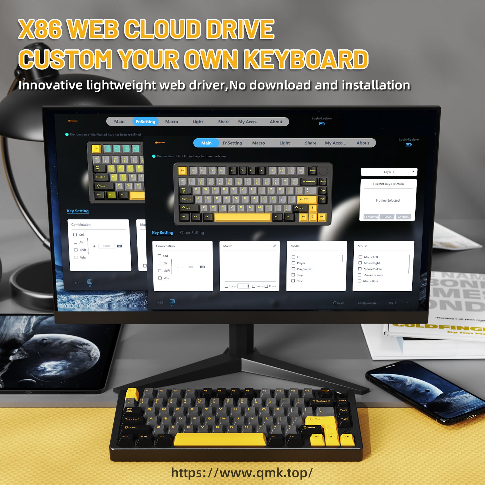 ATTACK SHARK X86 aluminum keyboard shown with custom software interface on a monitor.