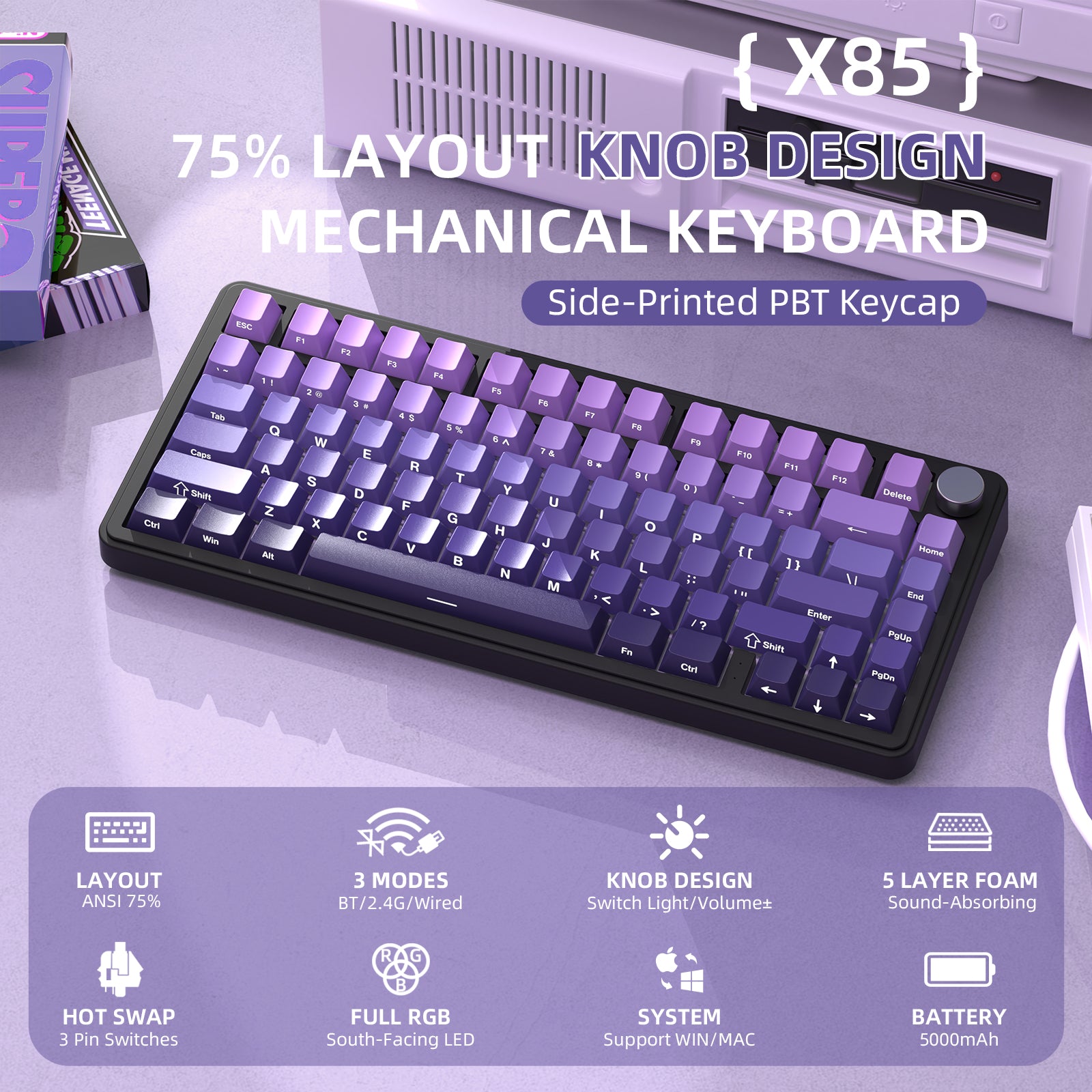 ATTACK SHARK X85 Mechanical Keyboard, 75% layout, purple PBT keycaps, knob design, 3 connection modes and RGB lighting.