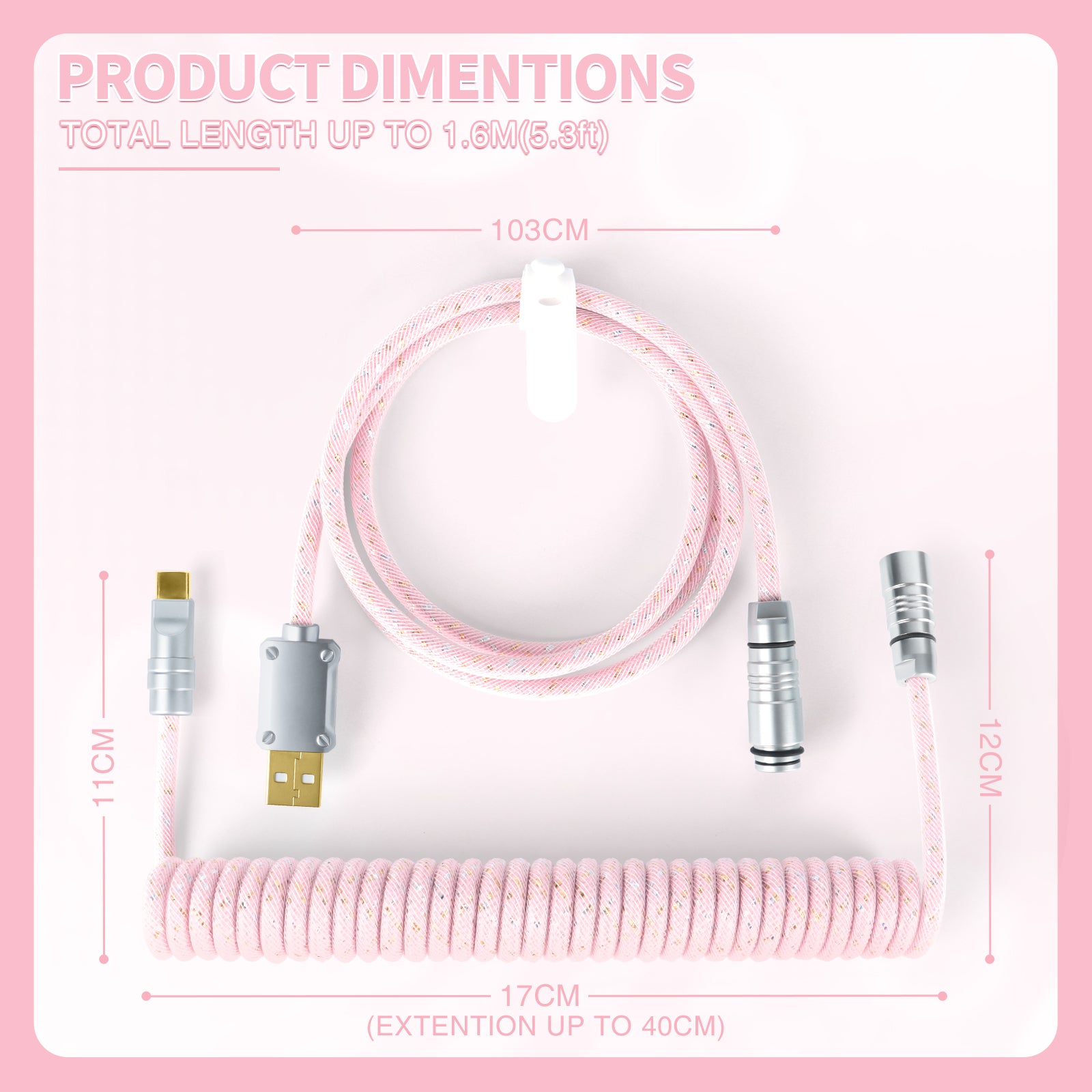 Pink coiled USB-C keyboard cable with silver aviator connector, showing dimensions.