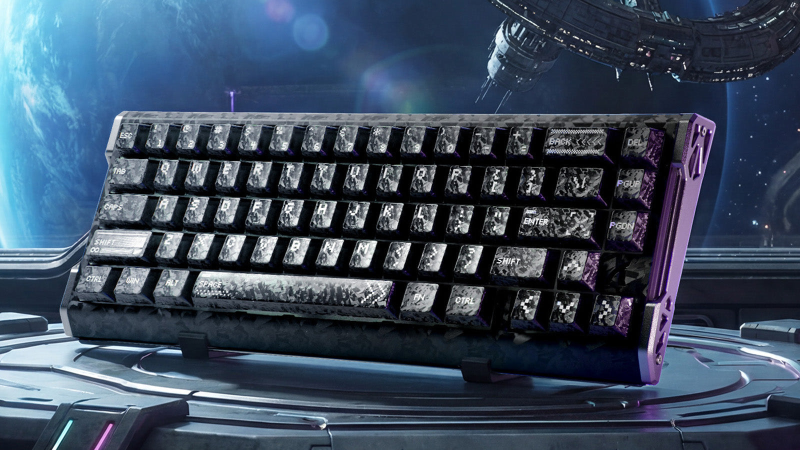 Attack Shark mechanical keyboard with galaxy-themed keycaps and a purple frame in a space station.