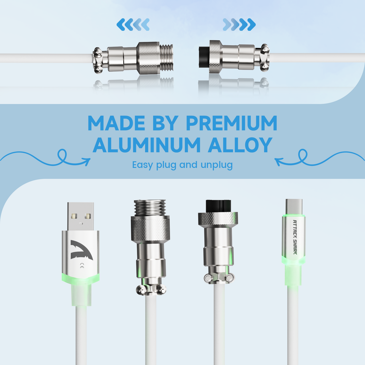 ATTACK SHARK C01Ultra Custom Aviator Cable for 8KHz Magnetic Keyboard - ATTACK SHARK Aviator Cable with aluminum alloy connectors for mechanical keyboards. USB-A and USB-C, easy plug and unplug.