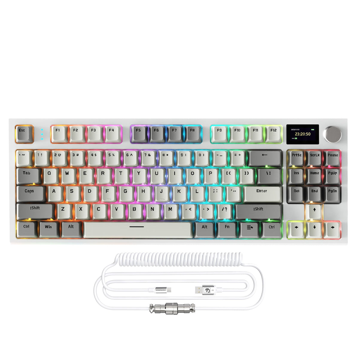 Compact wireless mechanical keyboard with a detachable coiled cable arranged as a clean ecommerce hero