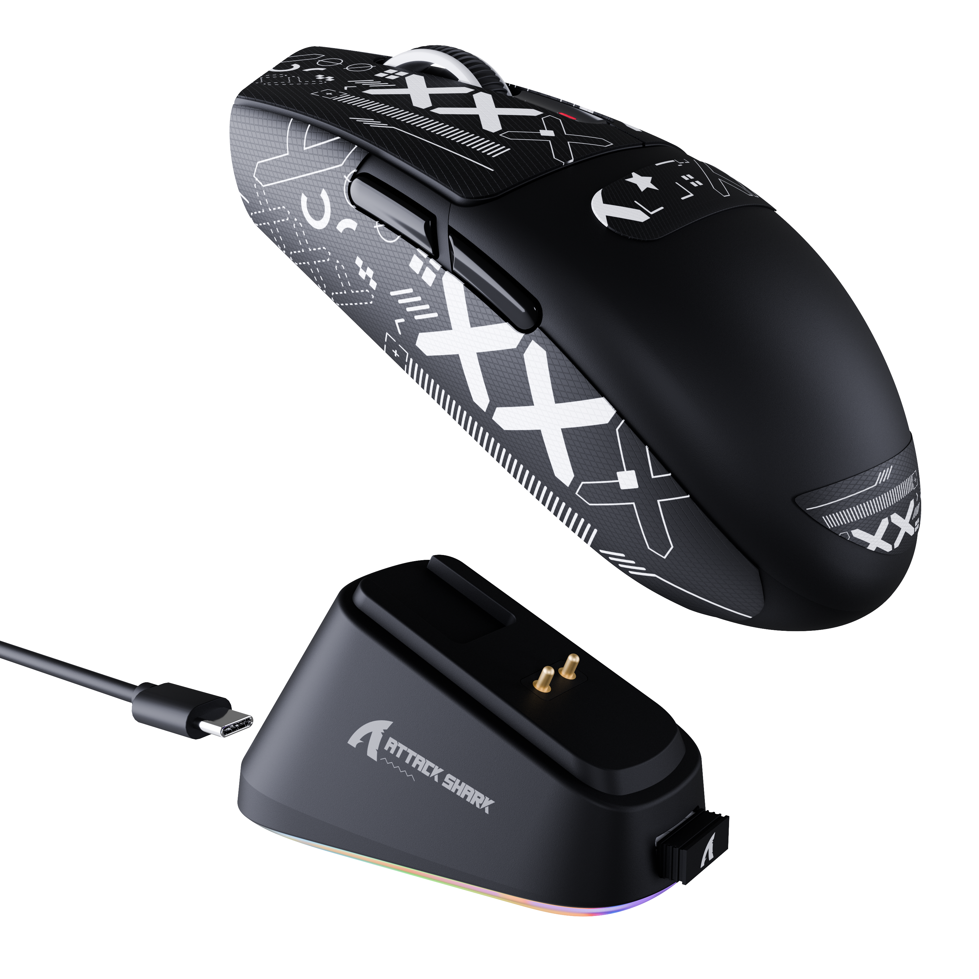 ATTACK SHARK G3PRO Tri-mode wireless gaming mouse with charging dock. Black gaming mouse, charging base and USB-C cable.