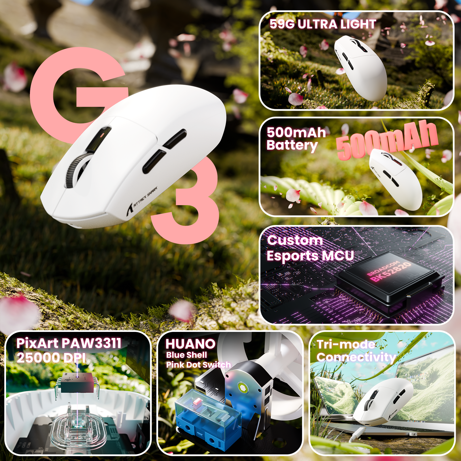 ATTACK SHARK G3 Mouse da Gaming Wireless Tri-mode 25000 DPI Ultra Leggero