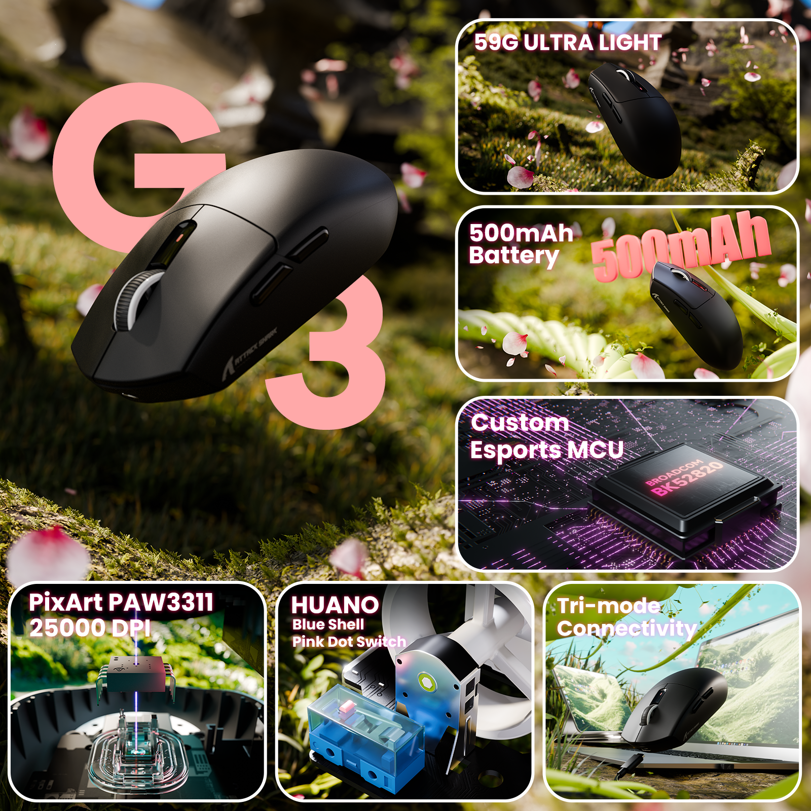 ATTACK SHARK G3 Mouse da Gaming Wireless Tri-mode 25000 DPI Ultra Leggero