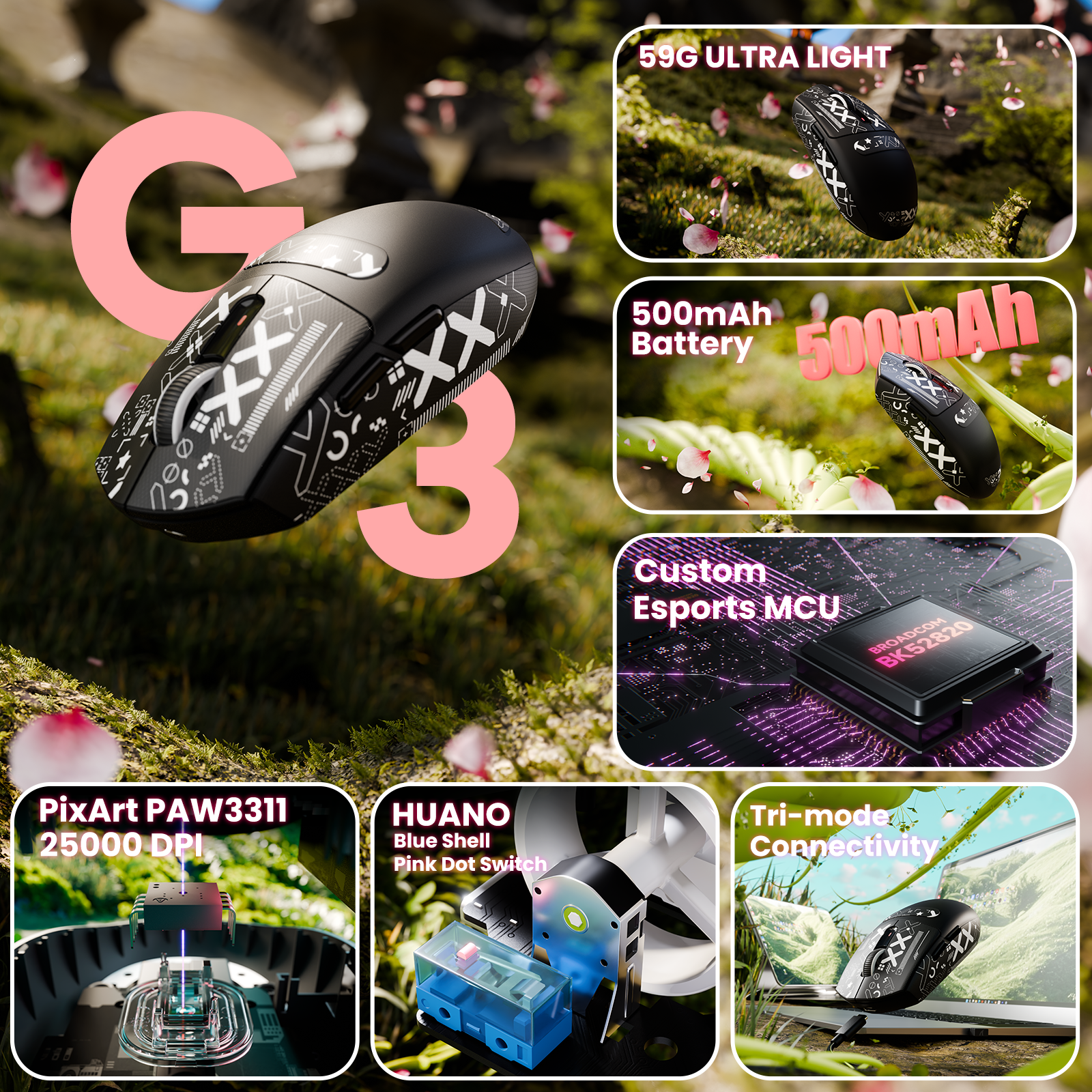 ATTACK SHARK G3 Mouse da Gaming Wireless Tri-mode 25000 DPI Ultra Leggero