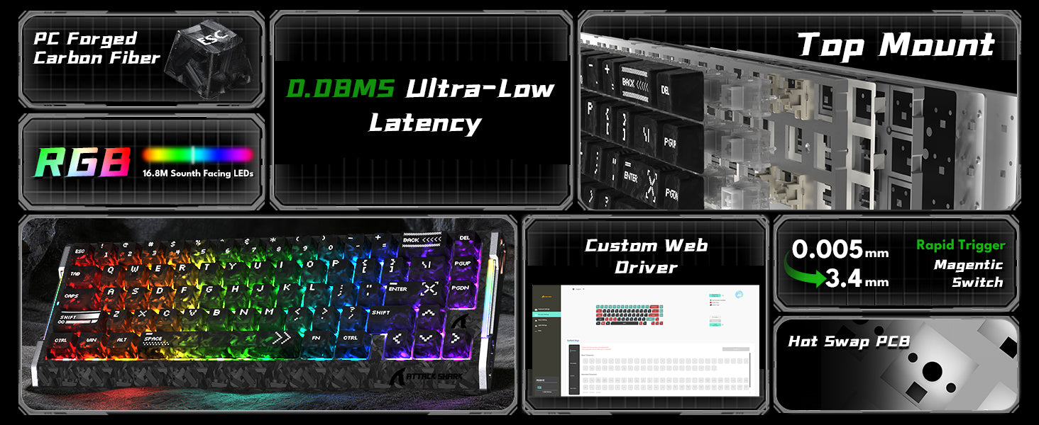ATTACK SHARK R68 HE Tastiera Rapid Trigger Cablate in Fibra di Carbonio con Interruttore Magnetico e Cavo RGB Avvolto C01 Ultra