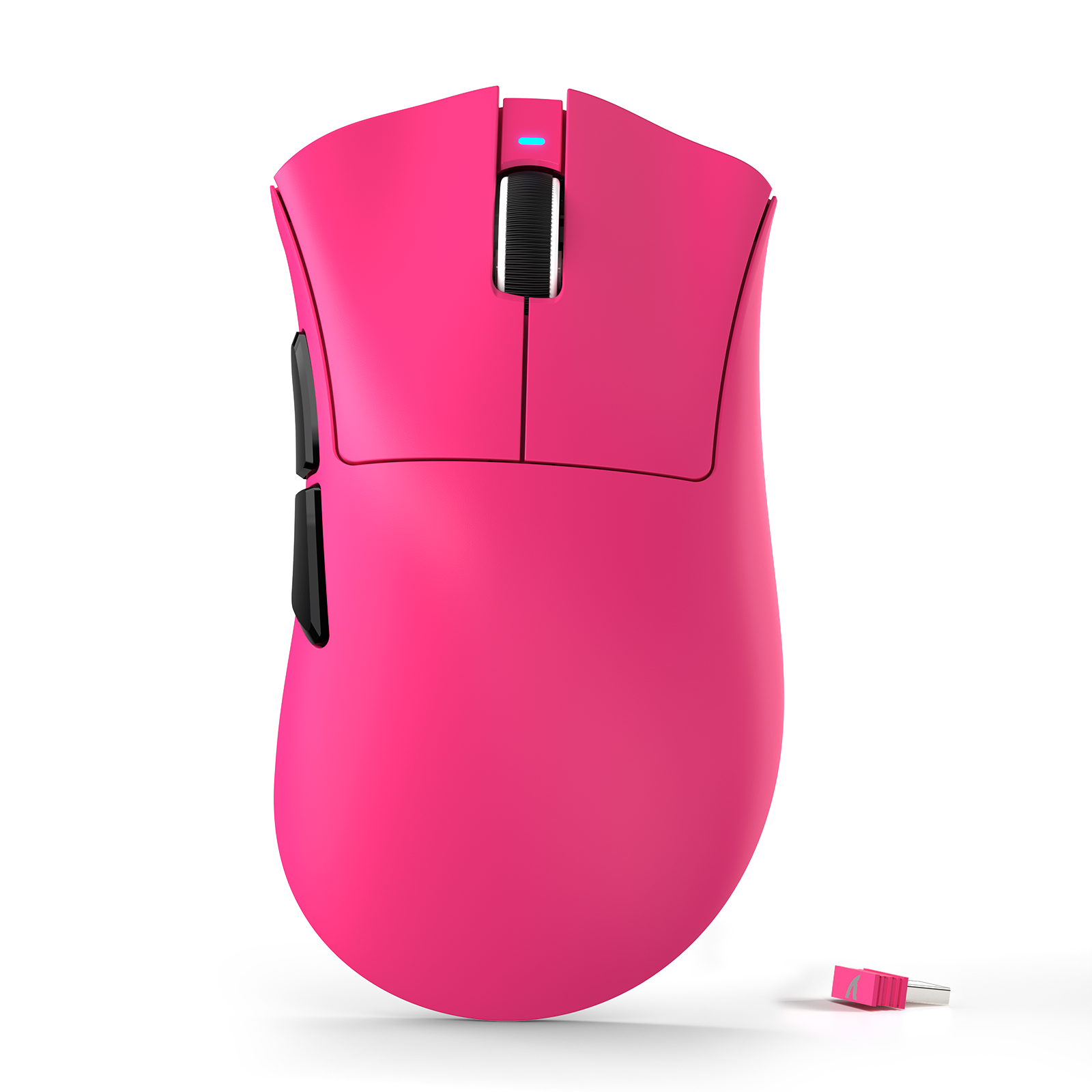 Pink ATTACK SHARK V3 ultra-light gaming mouse with black buttons and USB receiver on white.