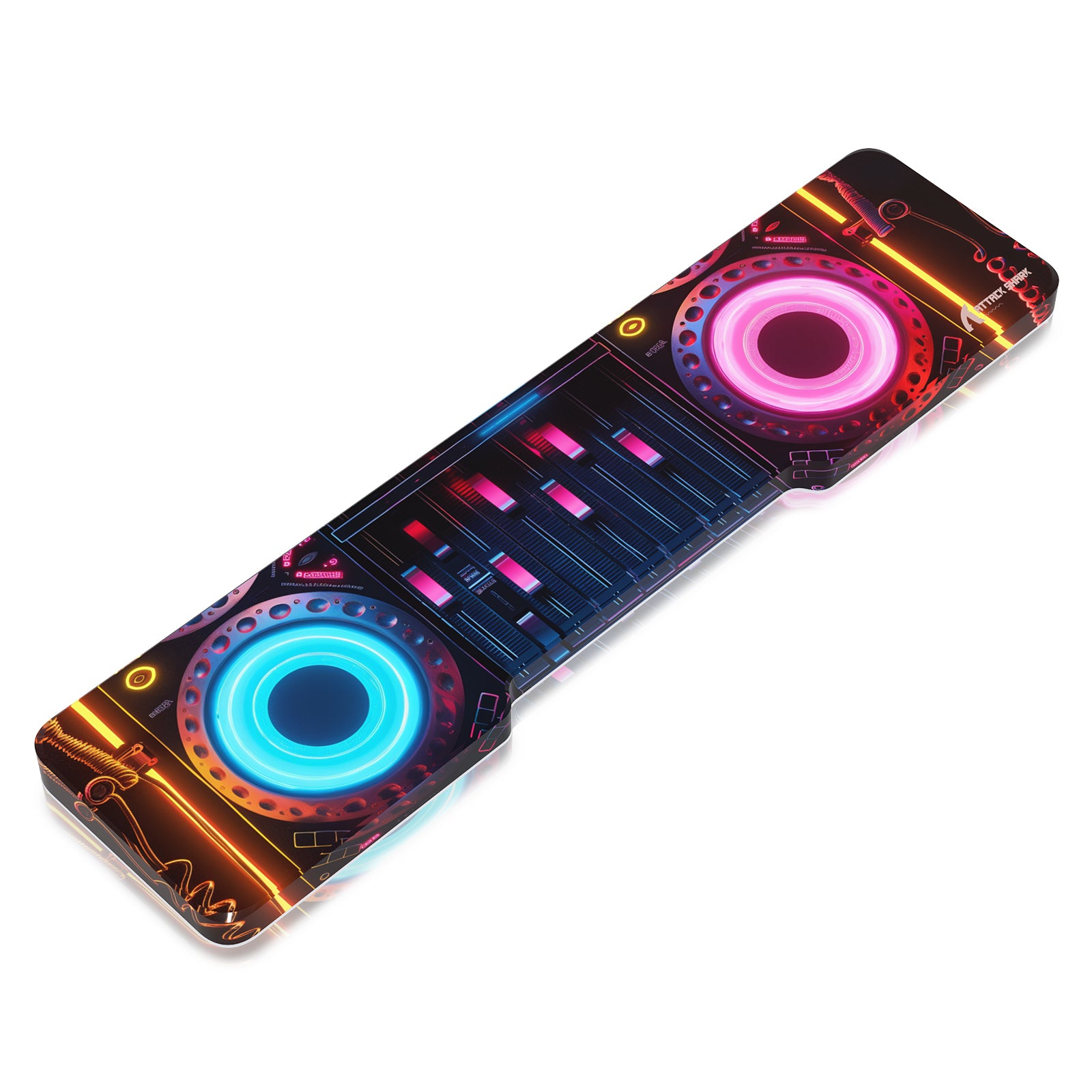 ATTACK SHARK acrylic wrist rest with neon DJ deck design, blue and pink glowing turntables.