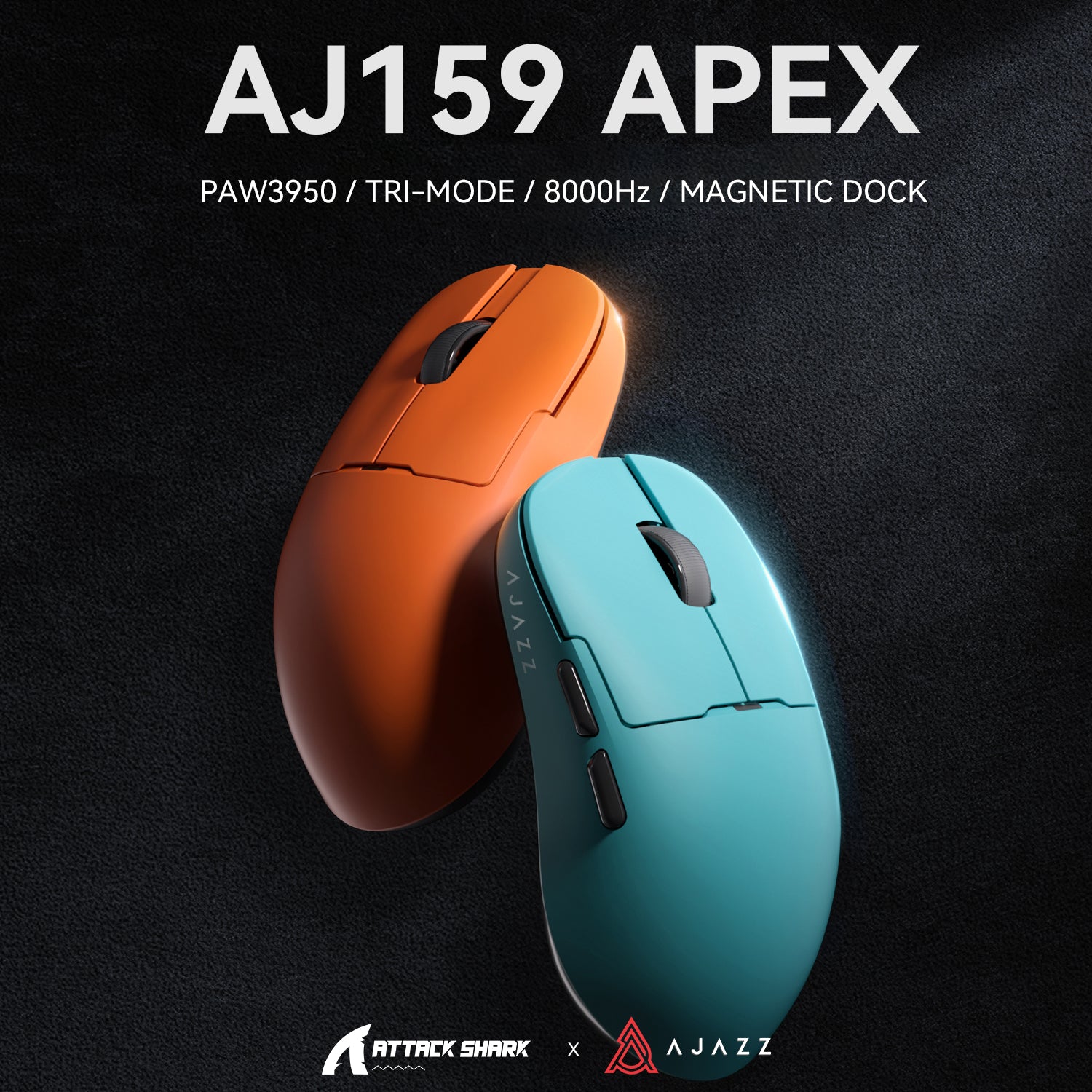 ATTACK SHARK x AJAZZ AJ159 APEX gaming mouse in orange and teal with PAW3950 sensor, tri-mode, 8000Hz, magnetic dock.