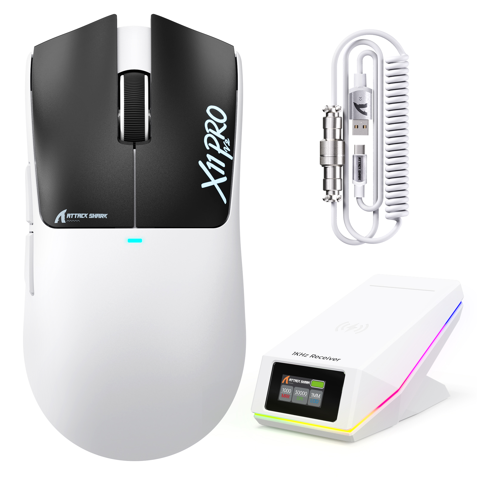 Mouse da gioco wireless ATTACK SHARK X11 PRO V2 con display TFT, dock di ricarica e cavo a spirale C06