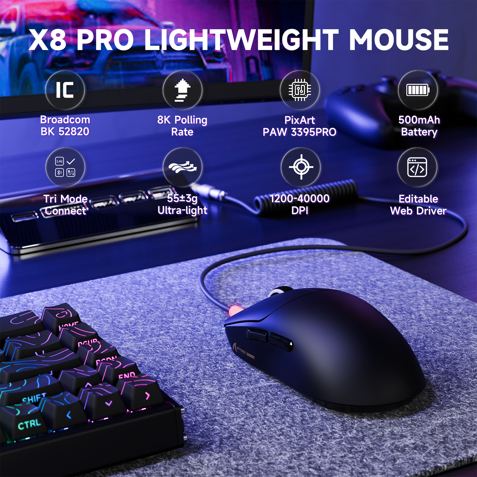 ATTACK SHARK X8PRO Mouse da Gioco Wireless Ultra-Leggero & Cavo C06ULTRA