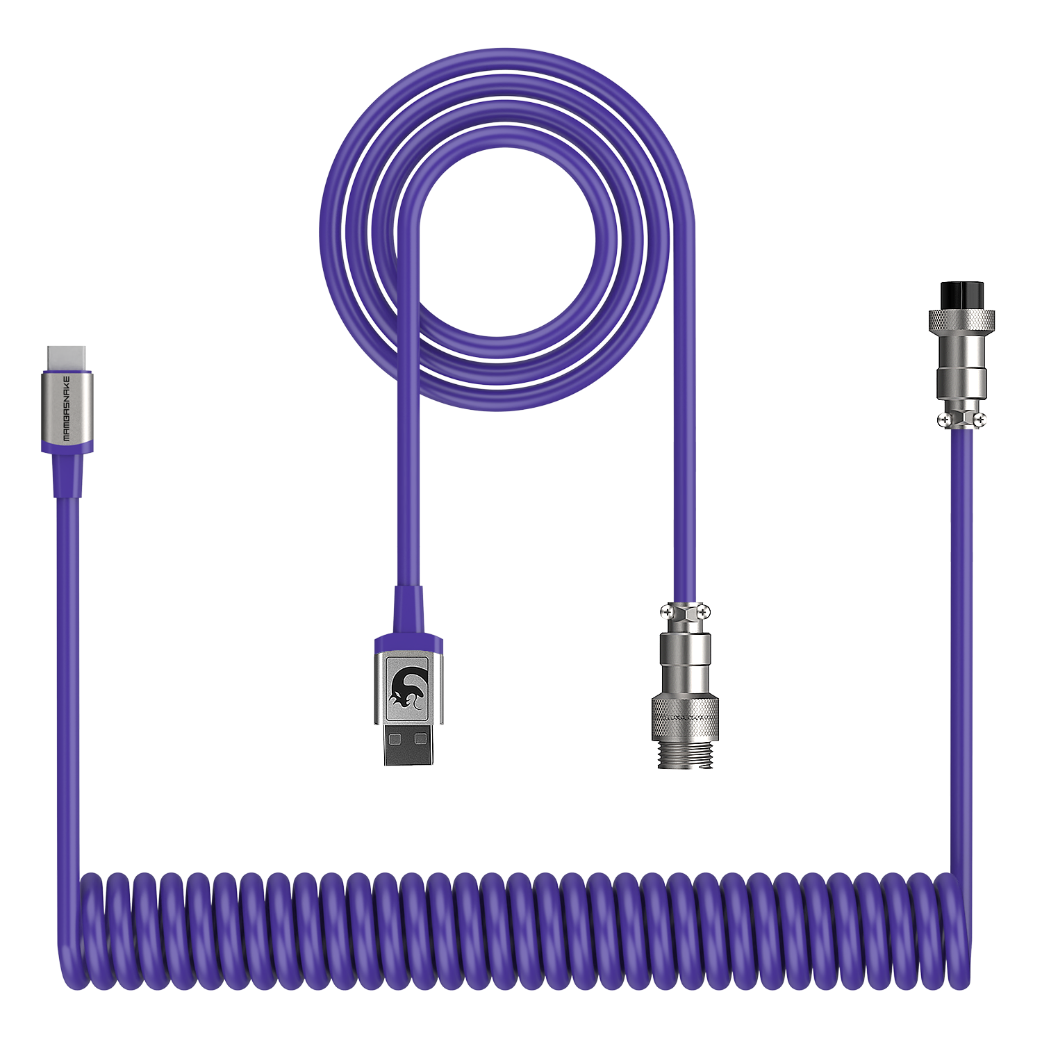 Purple coiled USB-C to USB-A keyboard cable with silver aviator connector.