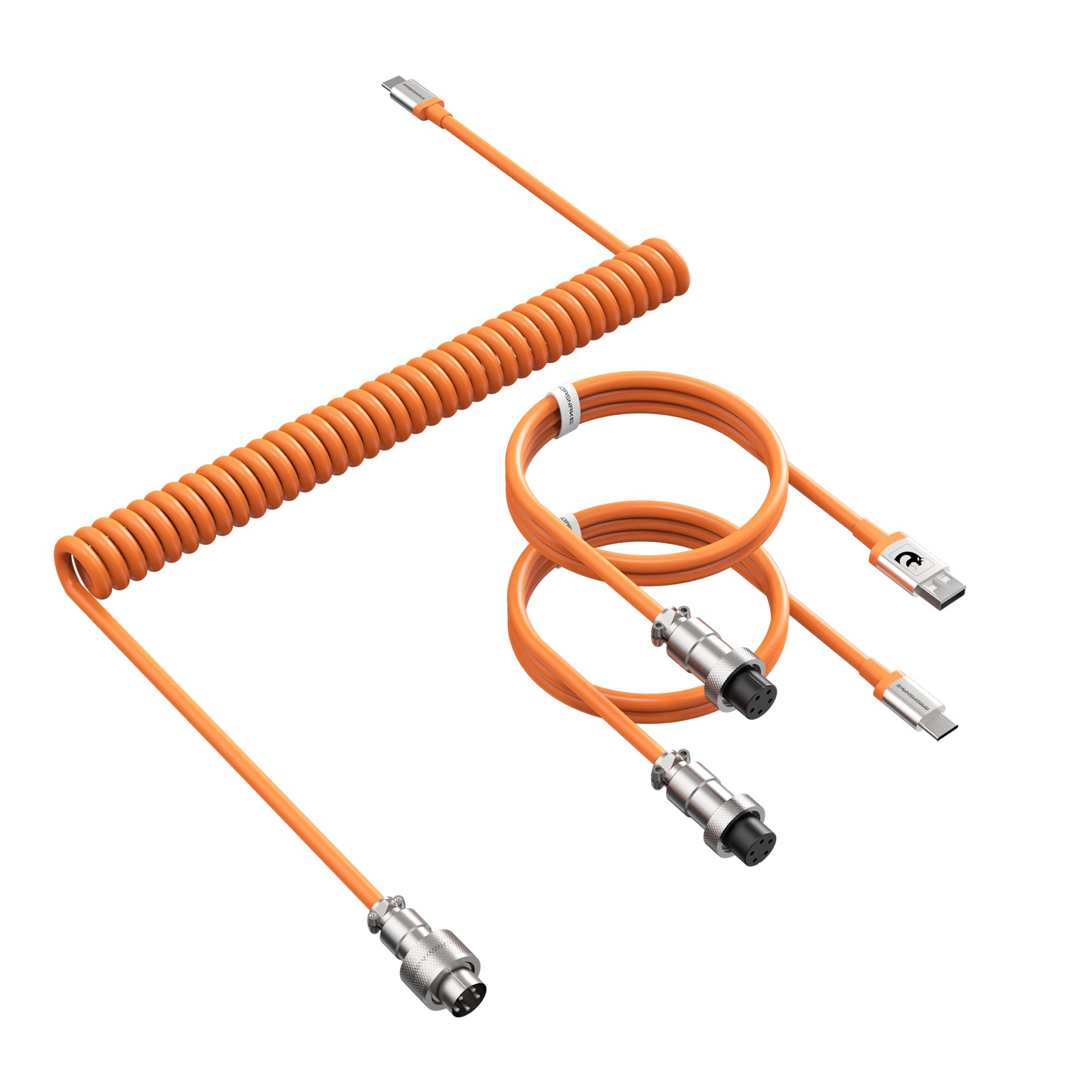 Orange coiled USB-A to Type-C cable with detachable metal aviation plug