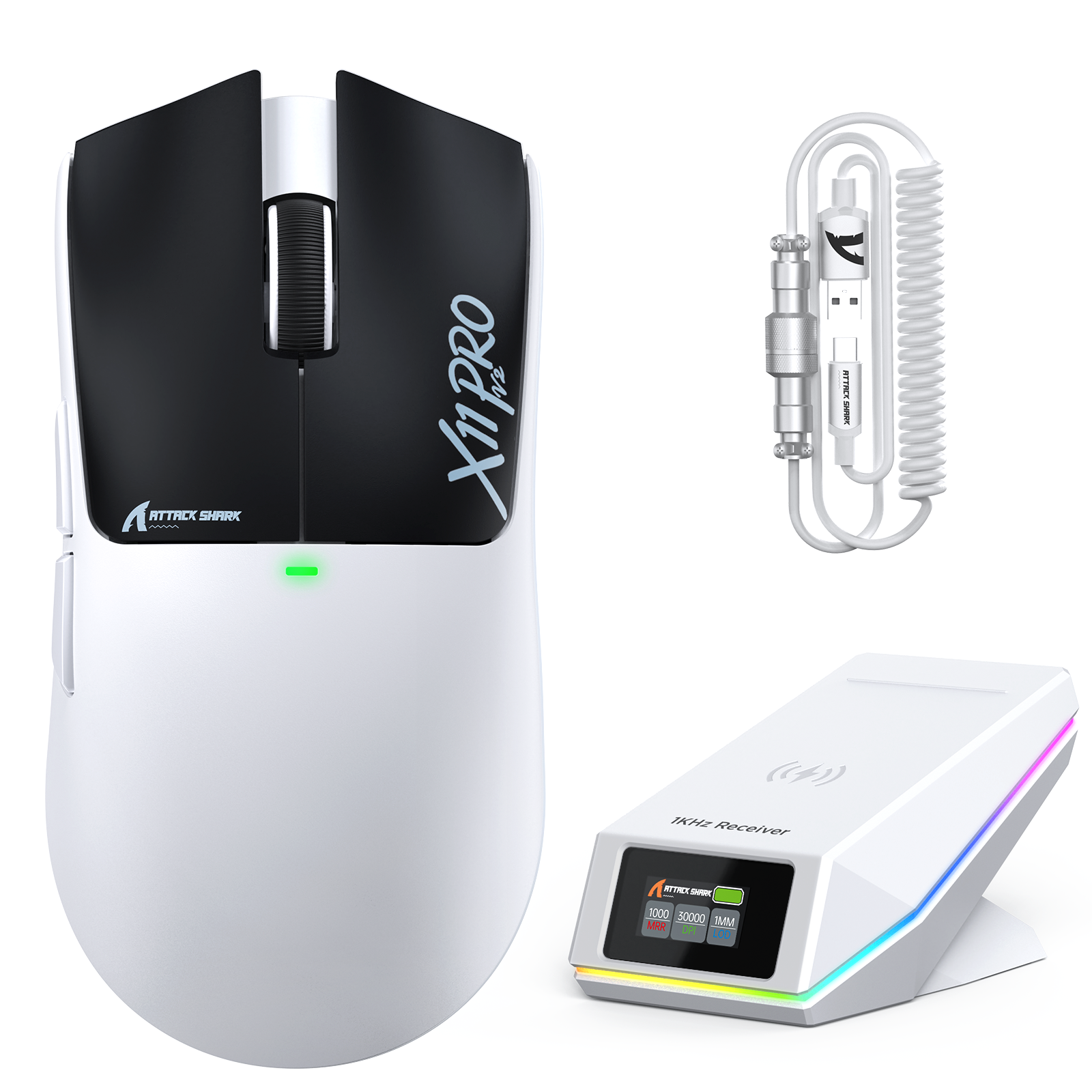 Mouse da gioco wireless ATTACK SHARK X11 PRO V2 con display TFT, dock di ricarica e cavo a spirale C06