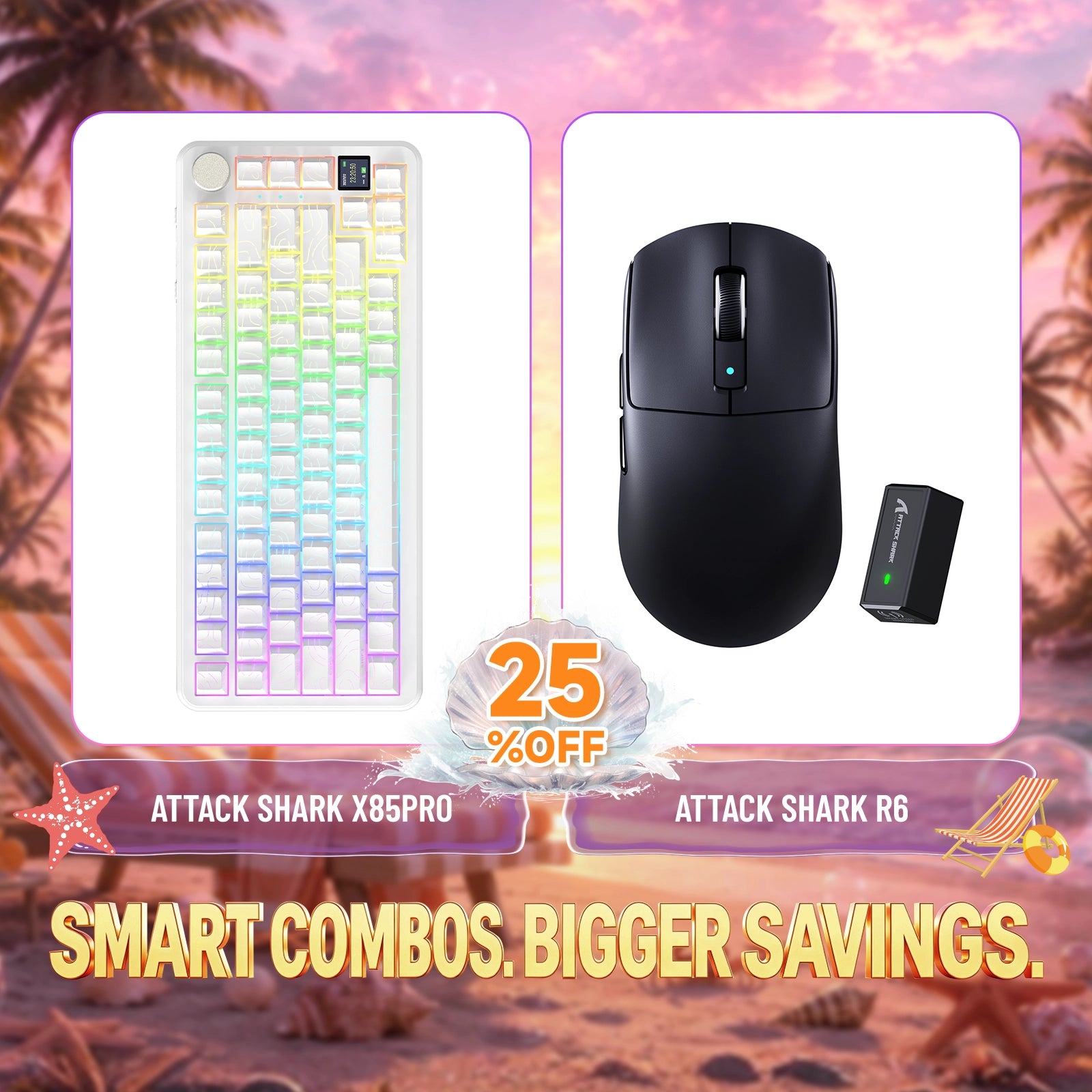 ATTACK SHARK X85PRO white RGB mechanical keyboard bundle with black R6 wireless gaming mouse and receiver, 25% off