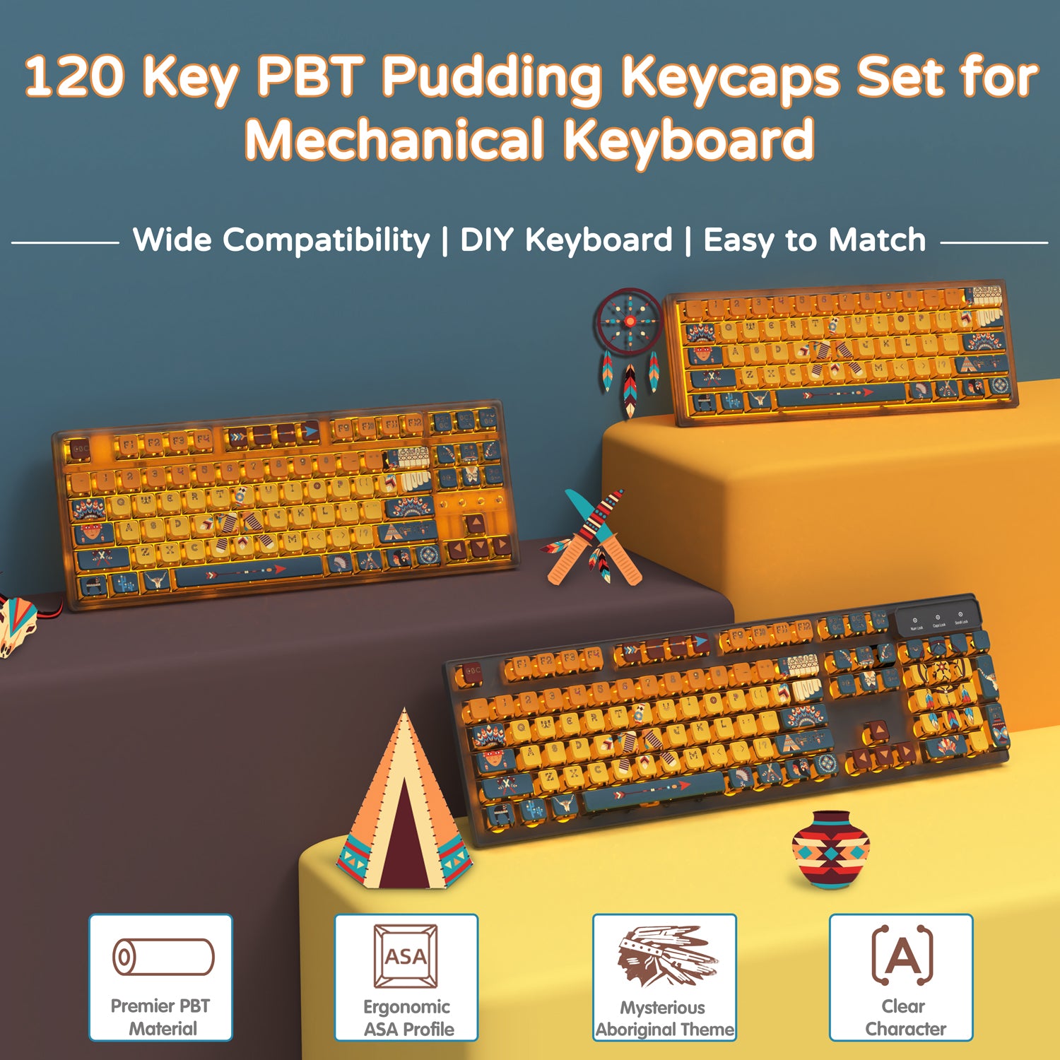 ATTACK SHARK 120 Key PBT pudding keycaps, indigenous tribal designs, clear characters, ASA profile.