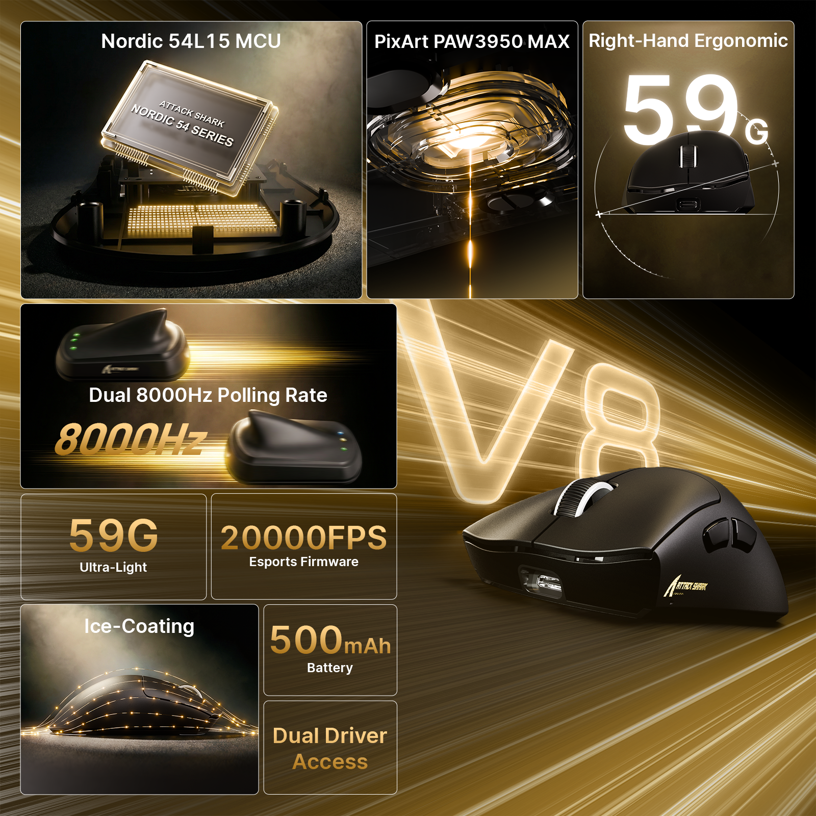 Mouse da gaming wireless ergonomico ultraleggero ATTACK SHARK V8