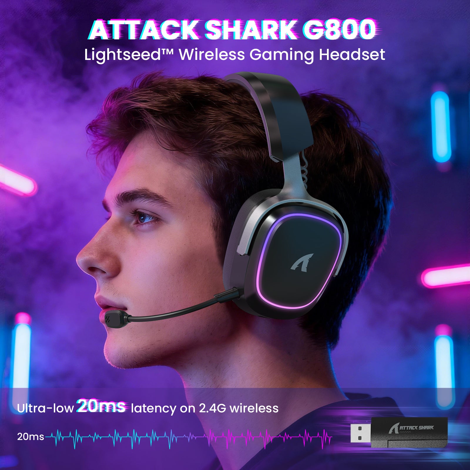 Attack Shark G800 Lightseed Wireless Gaming Headset featuring ultra-low 20ms latency on 2.4G wireless.