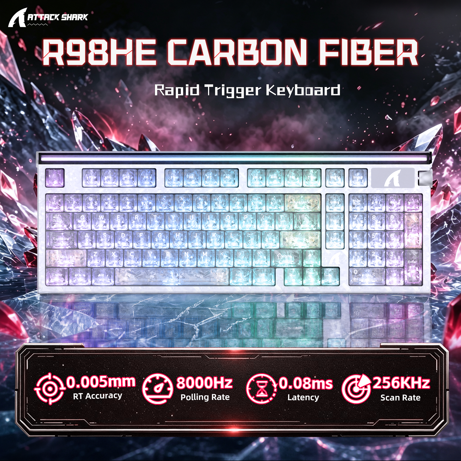 Tastiera con cavo ATTACK SHARK R98 HE in fibra di carbonio, interruttore magnetico a scatto rapido cablato con cavo avvolto Ultra RGB C01