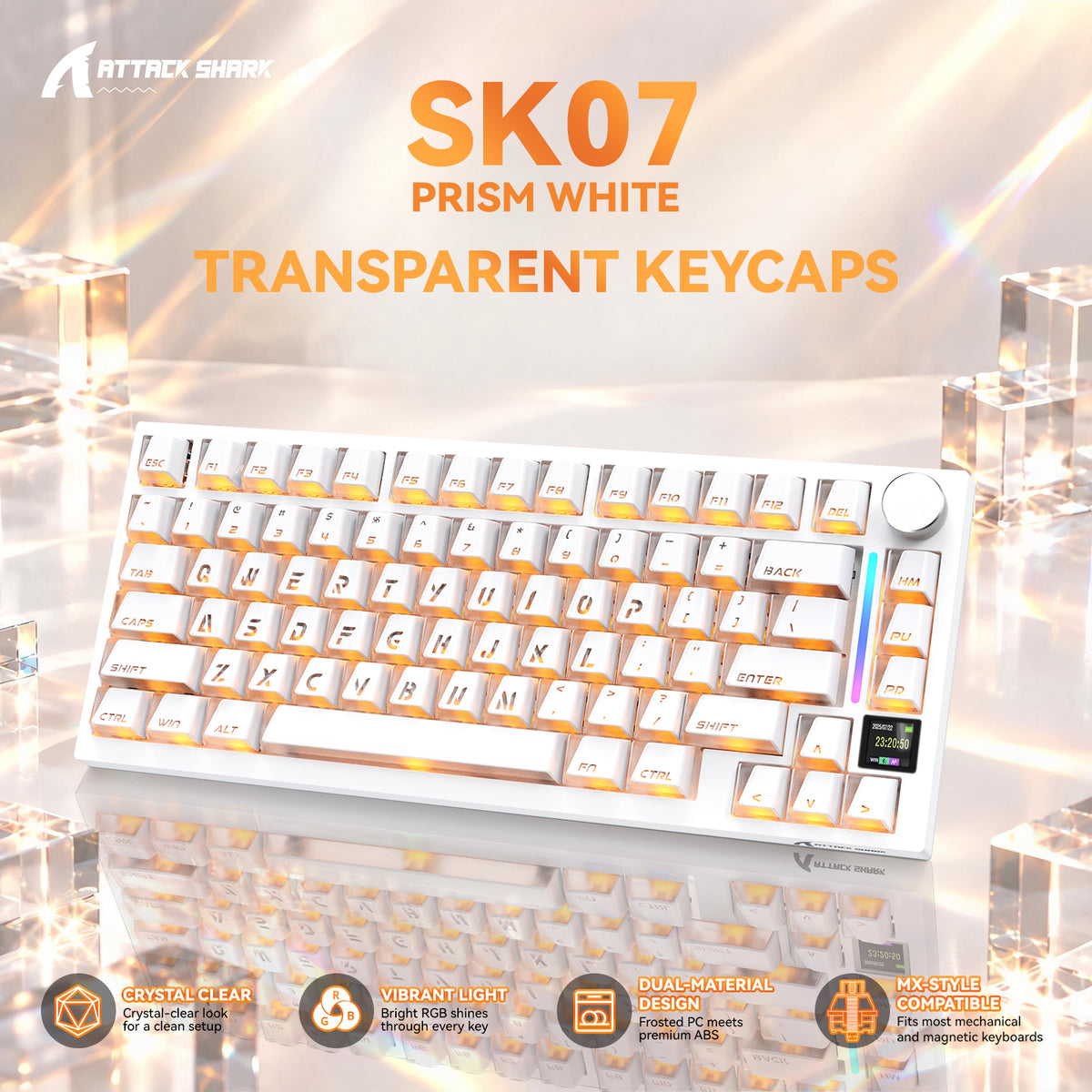 ATTACK SHARK SK07, 131 tasti, keycap Prism con retroilluminazione trasparente, ANSI, bianco