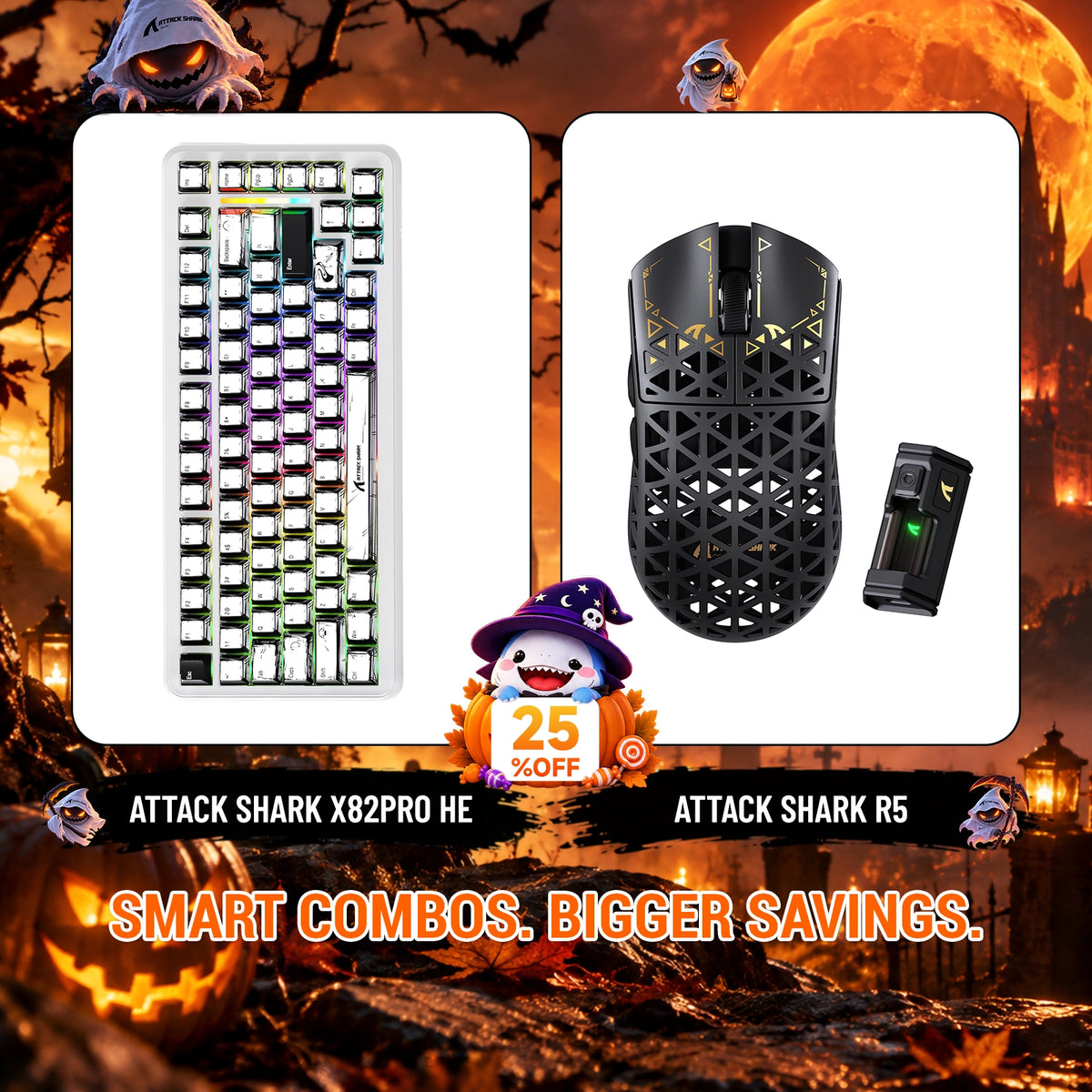 Bundle tastiera ATTACK SHARK X82 PRO HE con attivazione rapida + mouse da gaming wireless in fibra di carbonio R5