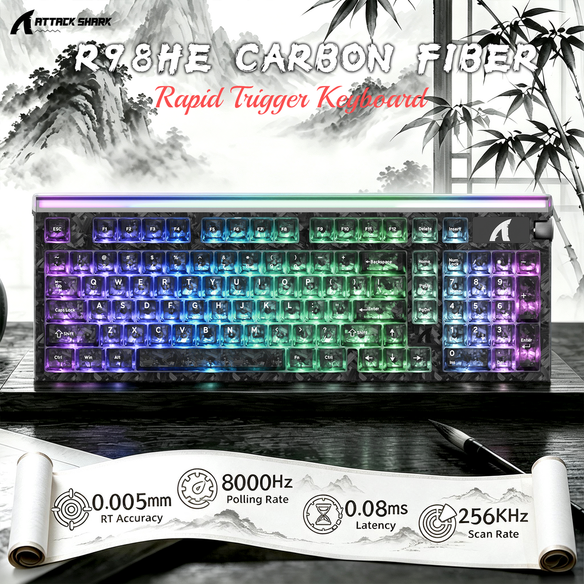 Tastiera con cavo ATTACK SHARK R98 HE in fibra di carbonio, interruttore magnetico a scatto rapido cablato con cavo avvolto Ultra RGB C01