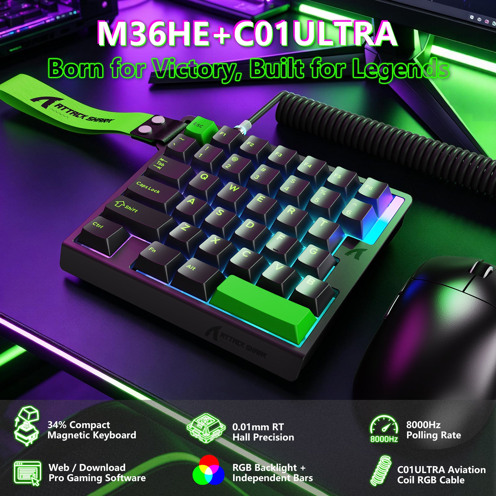 ATTACK SHARK M36 HE Tastiera con interruttore magnetico a una mano e cavo aviator LED ULTRA C01