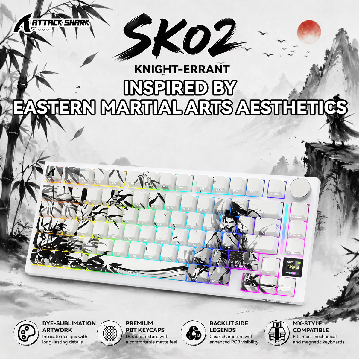 ATTACK SHARK SK02 129 tasti, copritasti PBT con stampa laterale, ANSI/ISO, Cavaliere errante