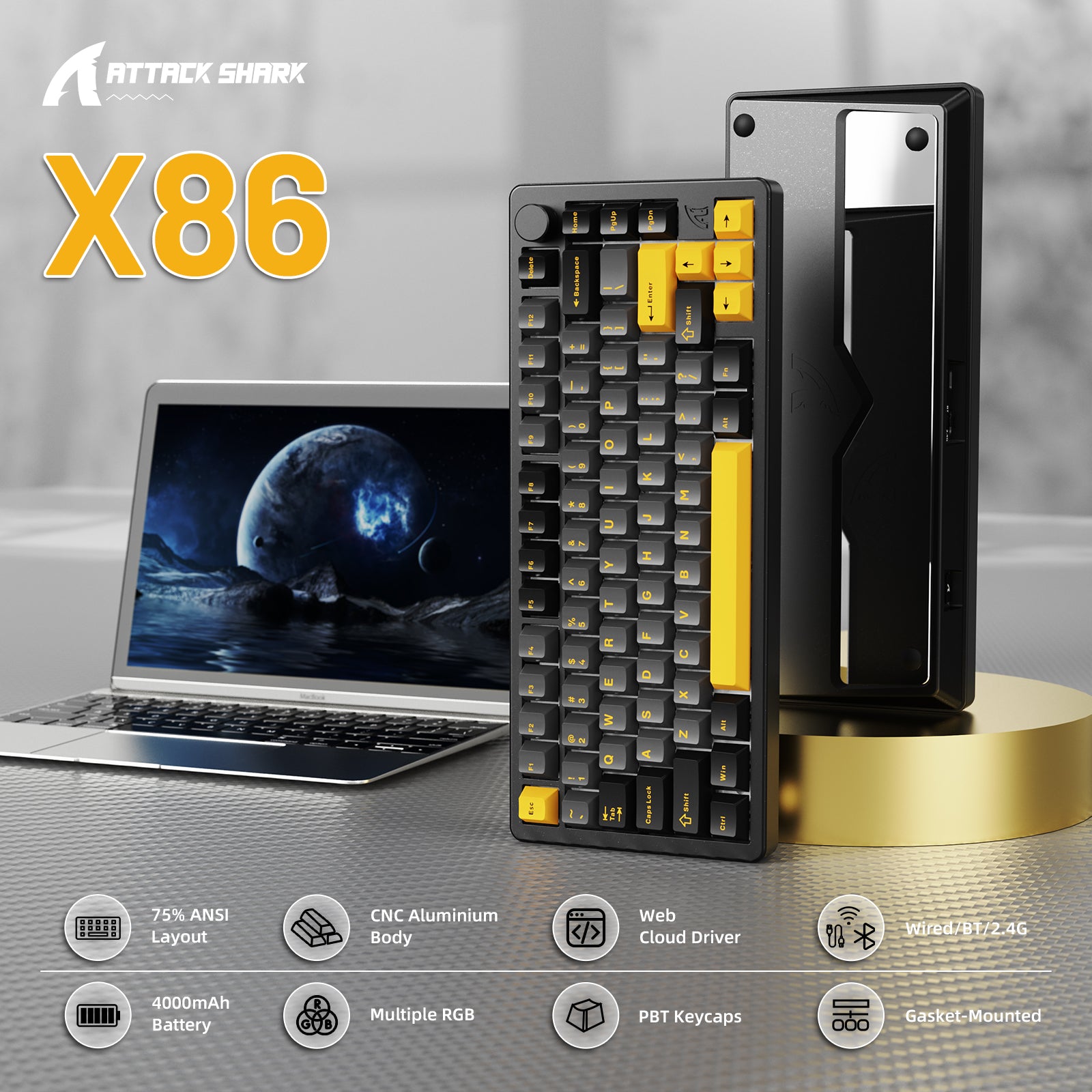 ATTACK SHARK X86 mechanical keyboard with yellow accents, 75% layout, aluminum body, PBT keycaps, and multiple RGB lighting.