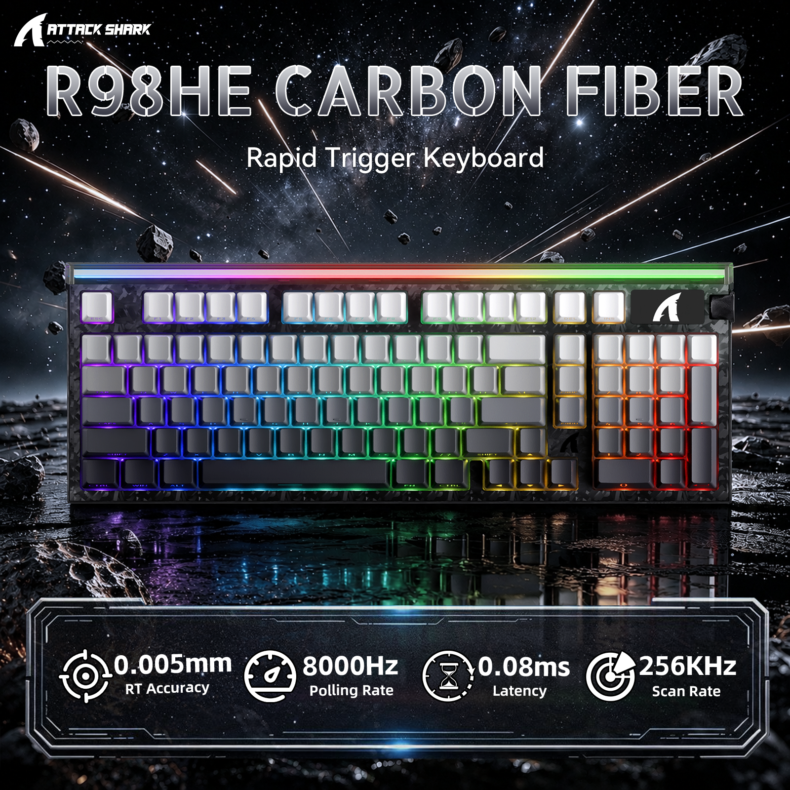 Tastiera con cavo ATTACK SHARK R98 HE in fibra di carbonio, interruttore magnetico a scatto rapido cablato con cavo avvolto Ultra RGB C01