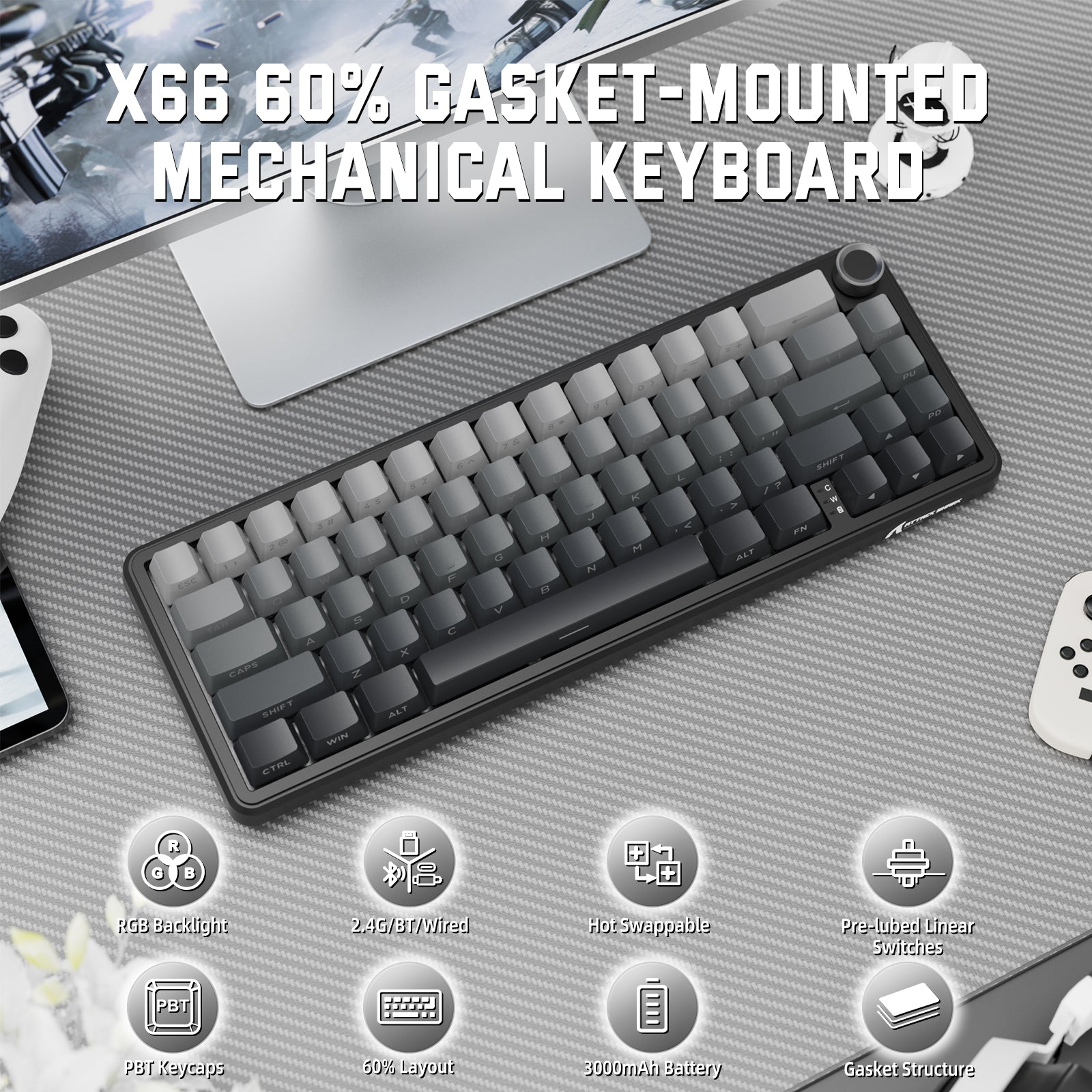 ATTACK SHARK X66 60% Gasket-Mounted Mechanical Keyboard with RGB Backlight and Gray Keycaps