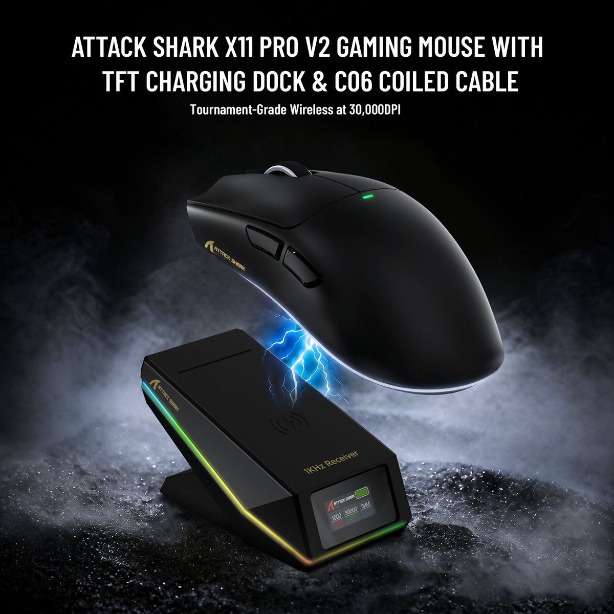 Mouse da gioco wireless ATTACK SHARK X11 PRO V2 con display TFT, dock di ricarica e cavo a spirale C06
