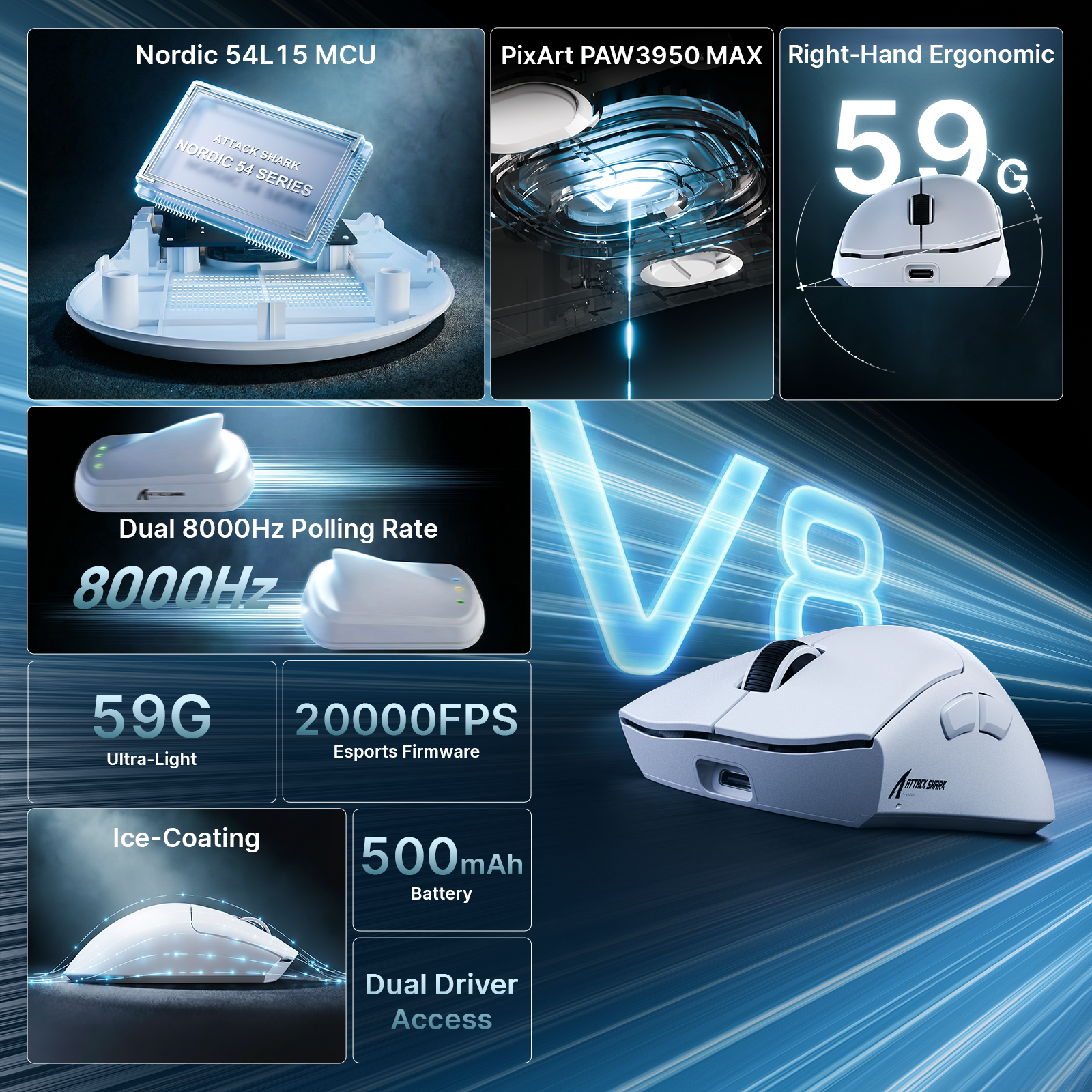 Mouse da gaming wireless ergonomico ultraleggero ATTACK SHARK V8