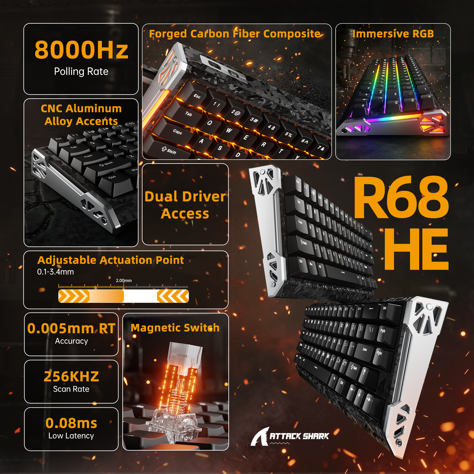 ATTACK SHARK R68 HE Tastiera Rapid Trigger in Fibra di Carbonio con Interruttore Magnetico