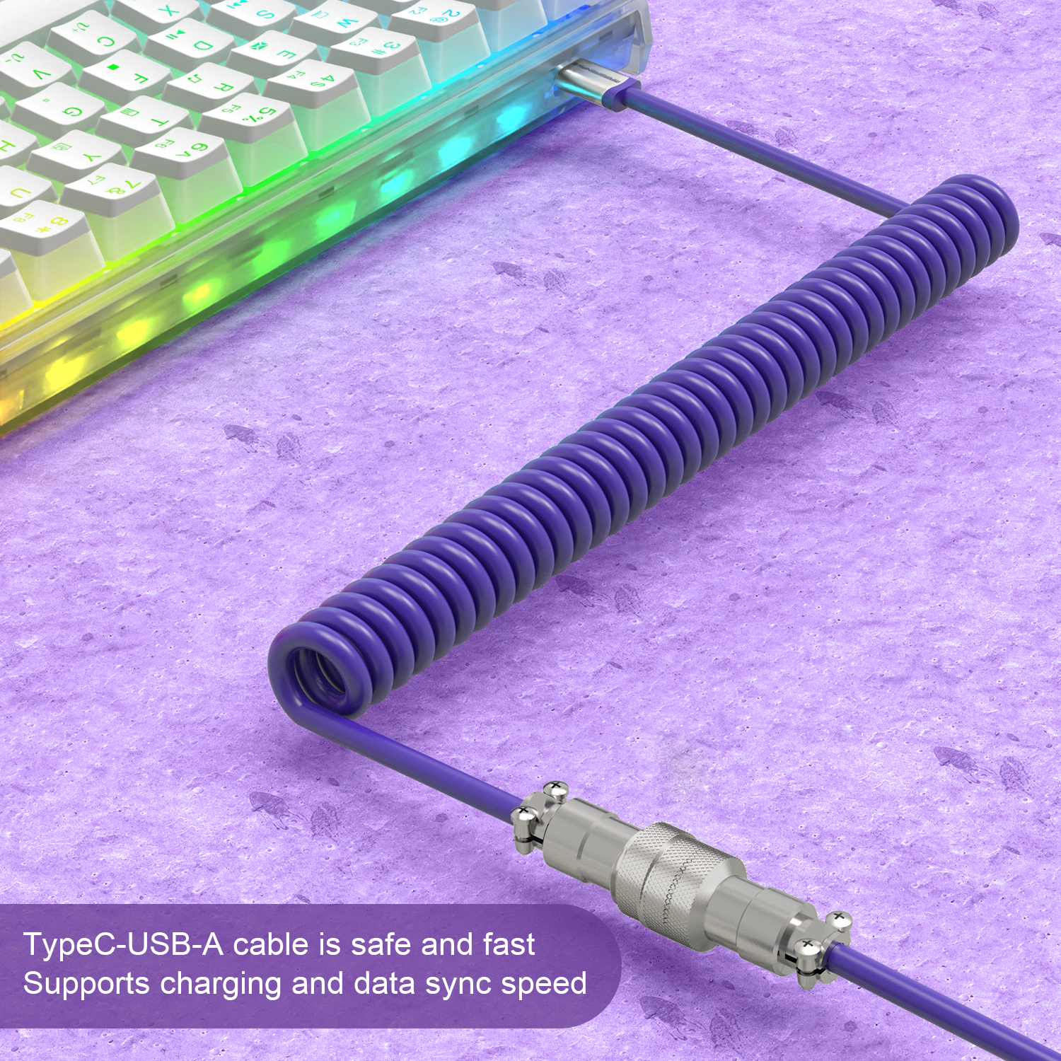 Purple coiled USB-C keyboard cable with aviator connector and RGB keyboard