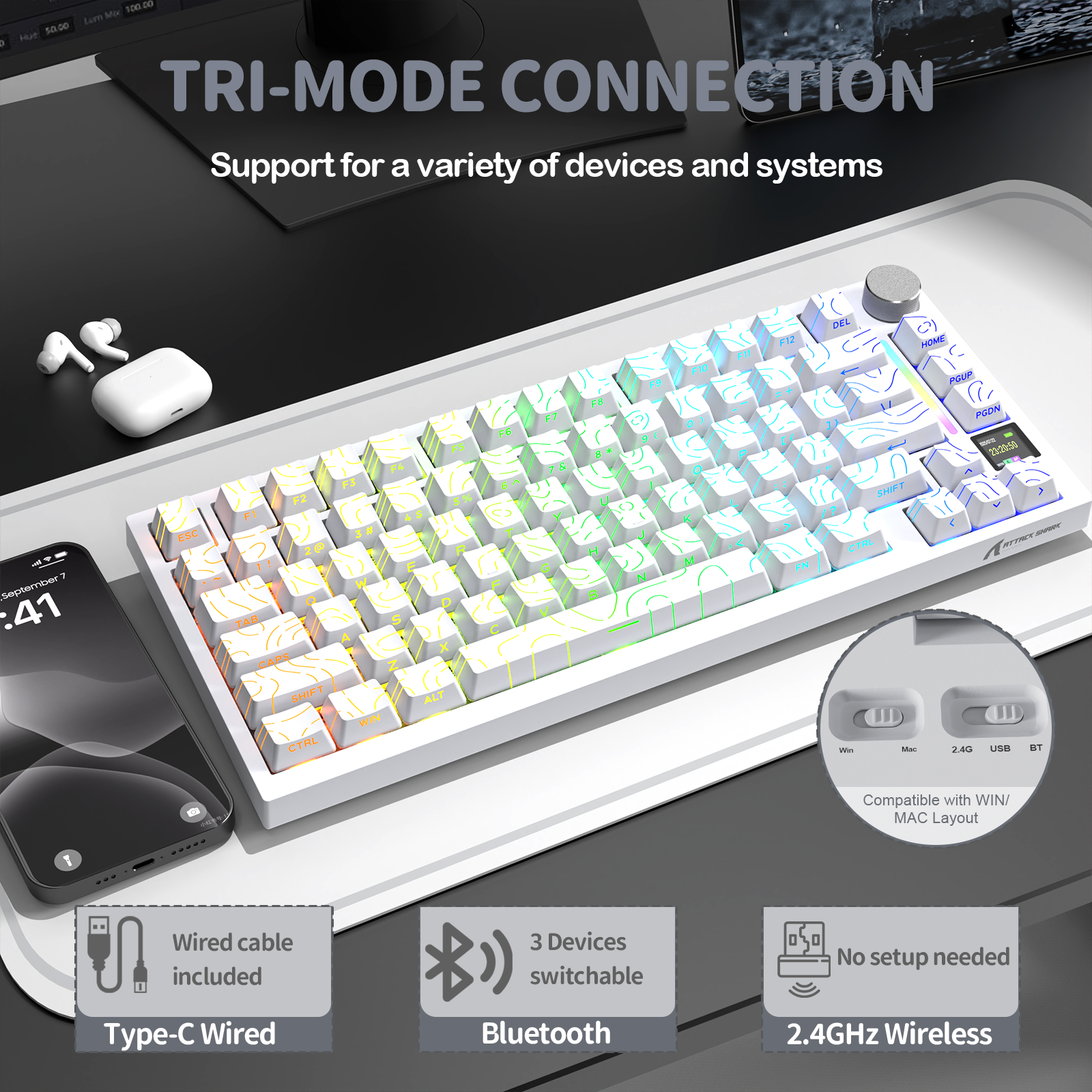White mechanical keyboard with RGB lighting and wave pattern keycaps. Tri-mode: wired, Bluetooth, 2.4GHz wireless. Compatible with Win/Mac.