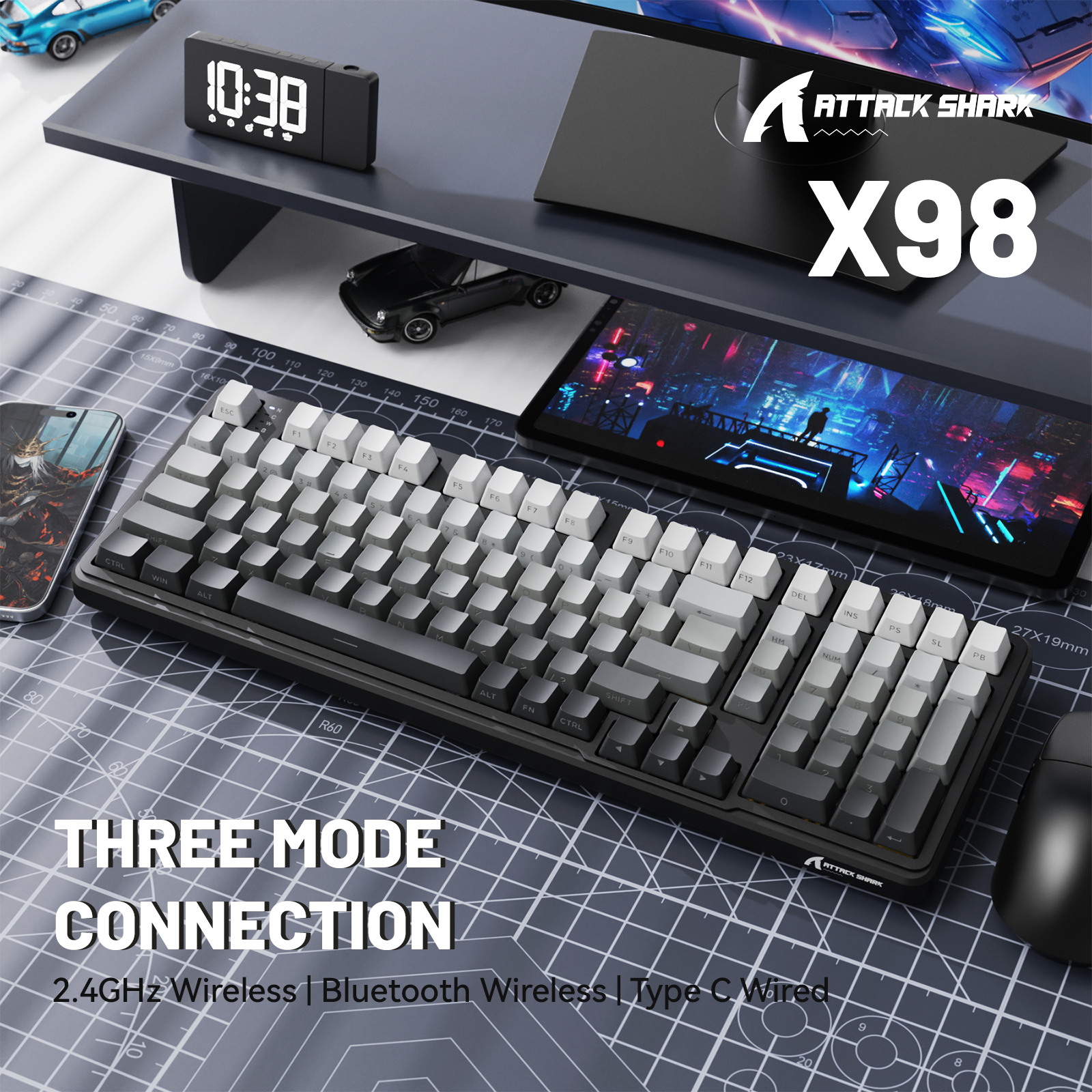 ATTACK SHARK X98 full-size wireless mechanical keyboard with gradient keycaps and RGB backlighting.